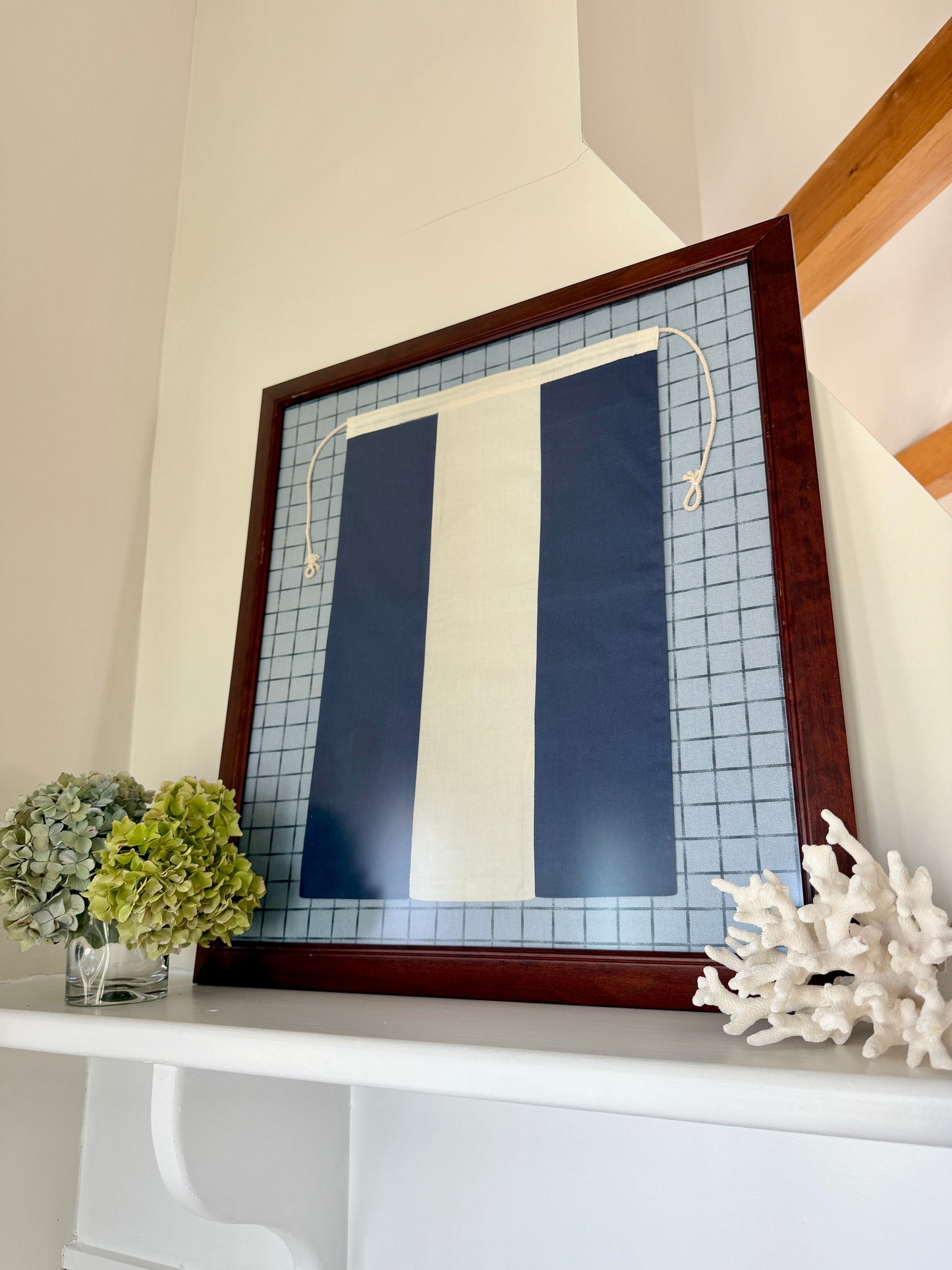 Vintage Cotton Canvas Nautical Yachting Signal Flag for "J" on Navy Pique in Wood Frame