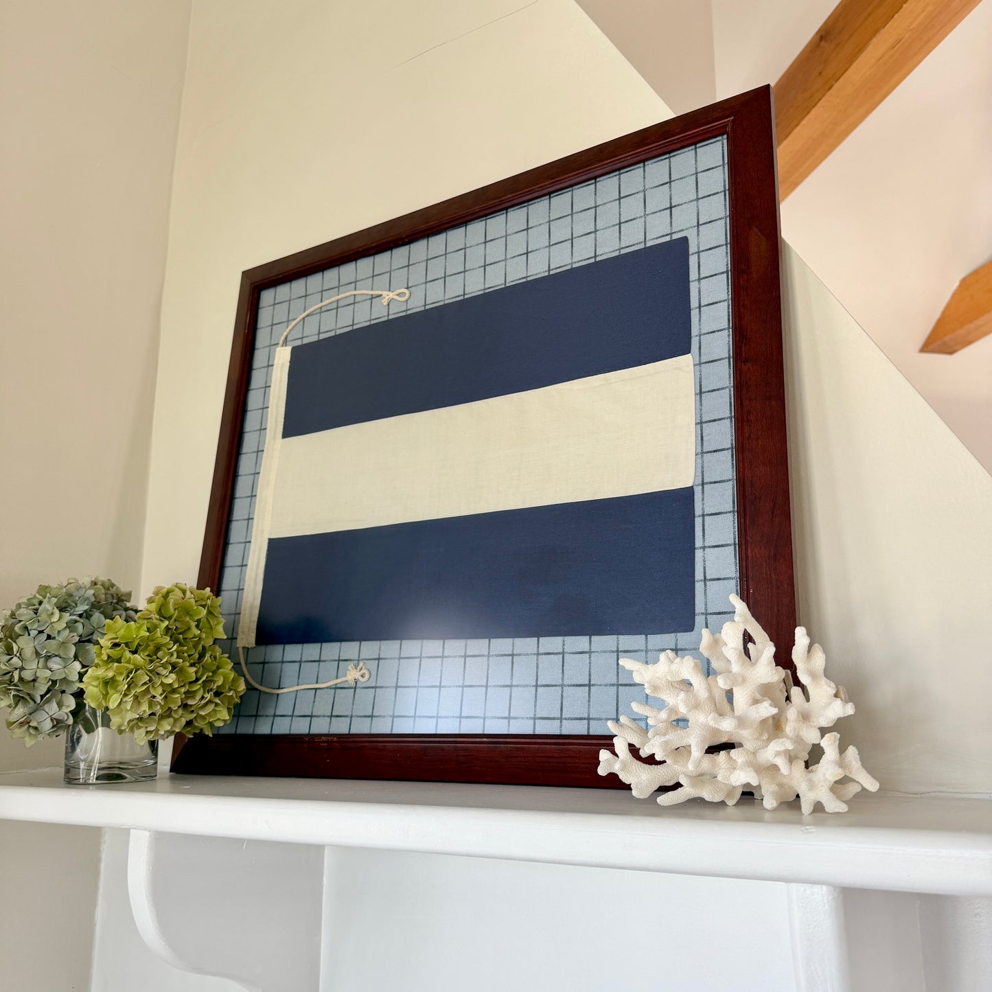 Vintage Cotton Canvas Nautical Yachting Signal Flag for "J" on Navy Pique in Wood Frame