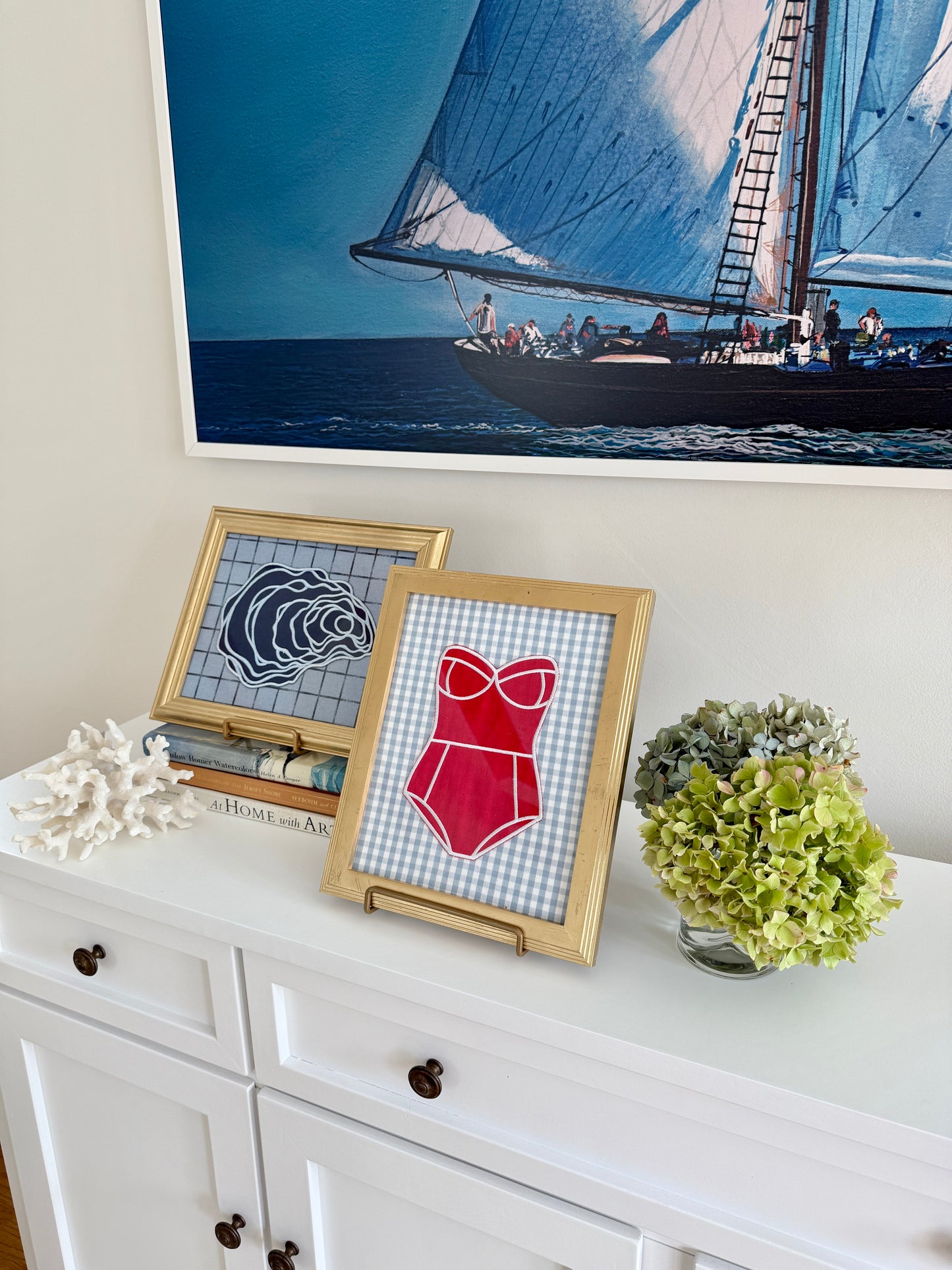 Red Linen Bathing on Light Blue Gingham in Vintage Gold Frame