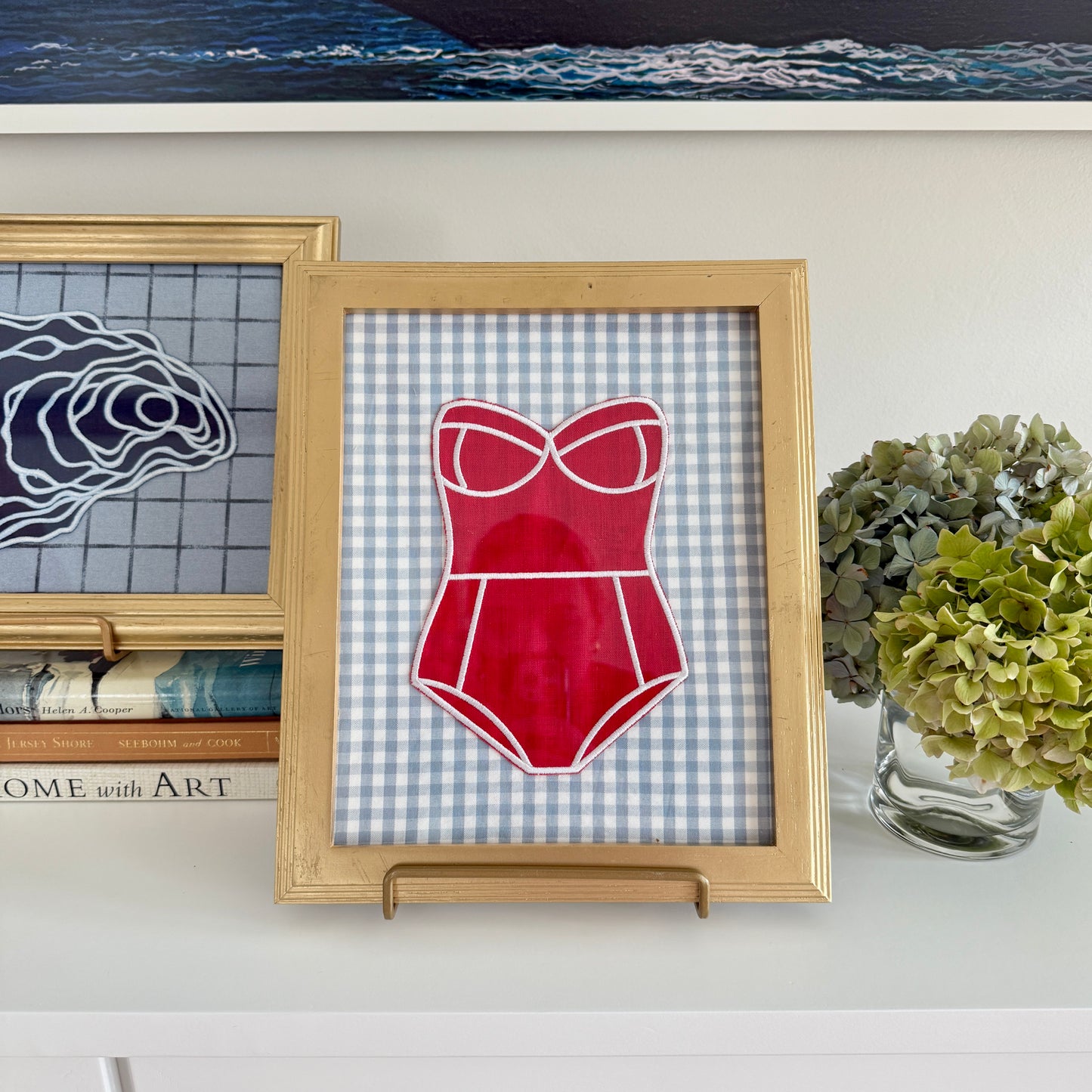 Red Linen Bathing on Light Blue Gingham in Vintage Gold Frame