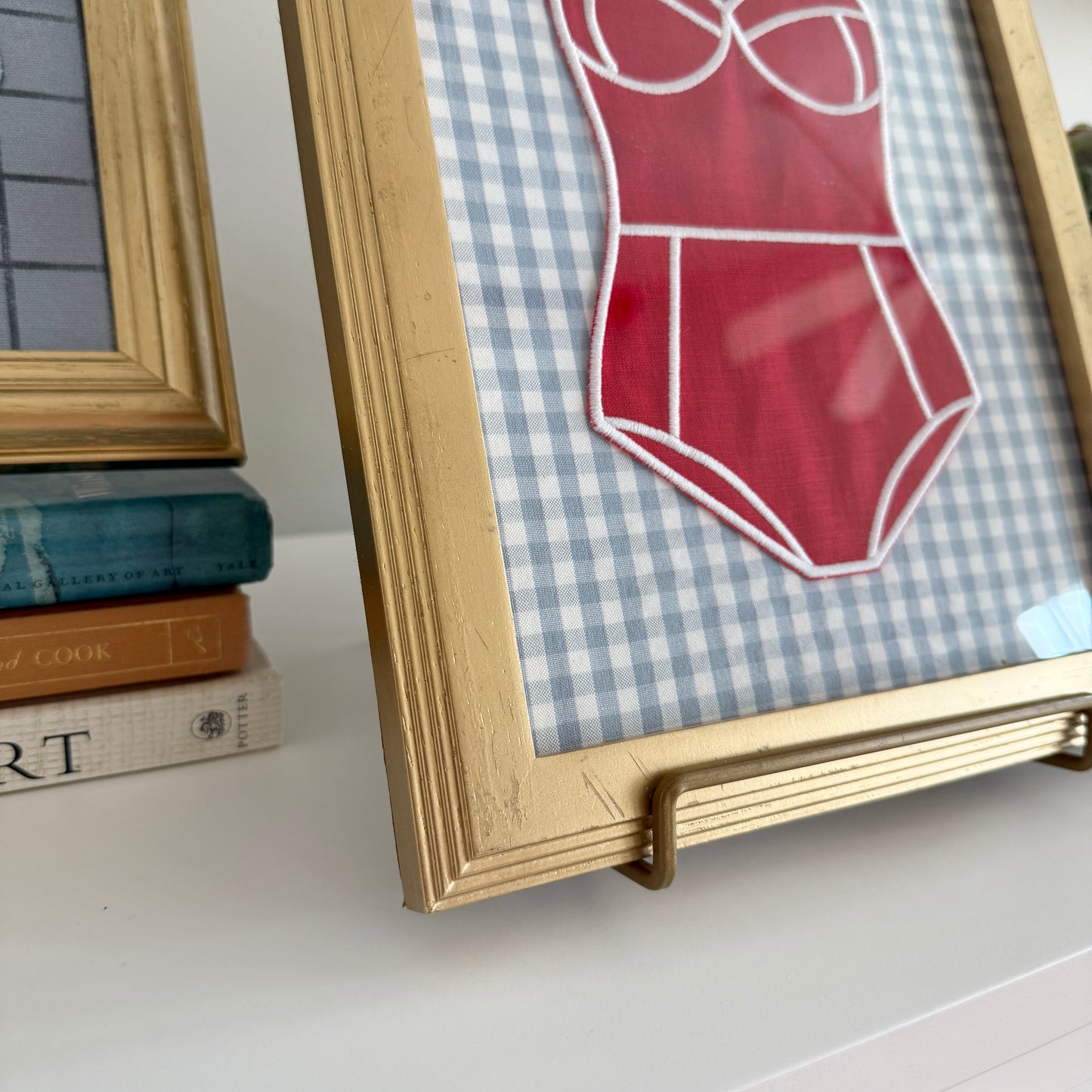 Red Linen Bathing on Light Blue Gingham in Vintage Gold Frame