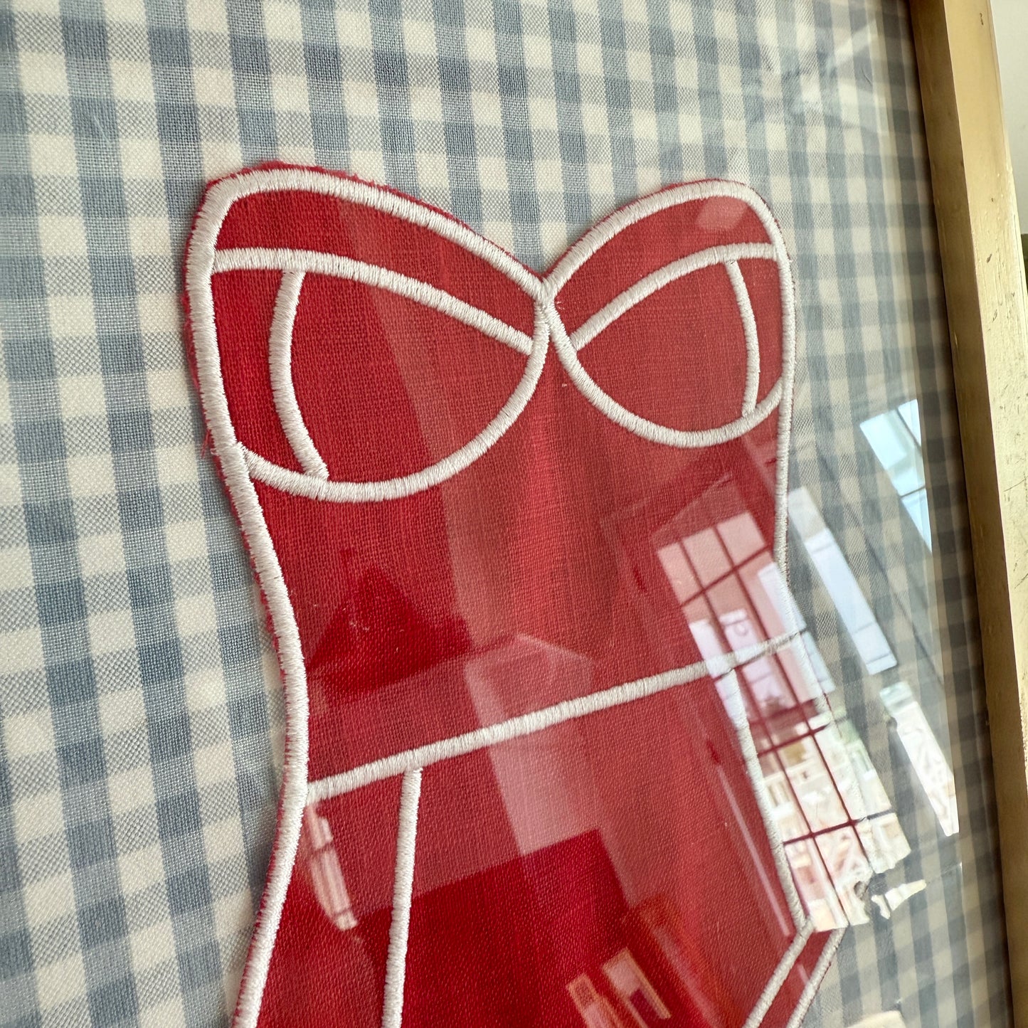 Red Linen Bathing on Light Blue Gingham in Vintage Gold Frame