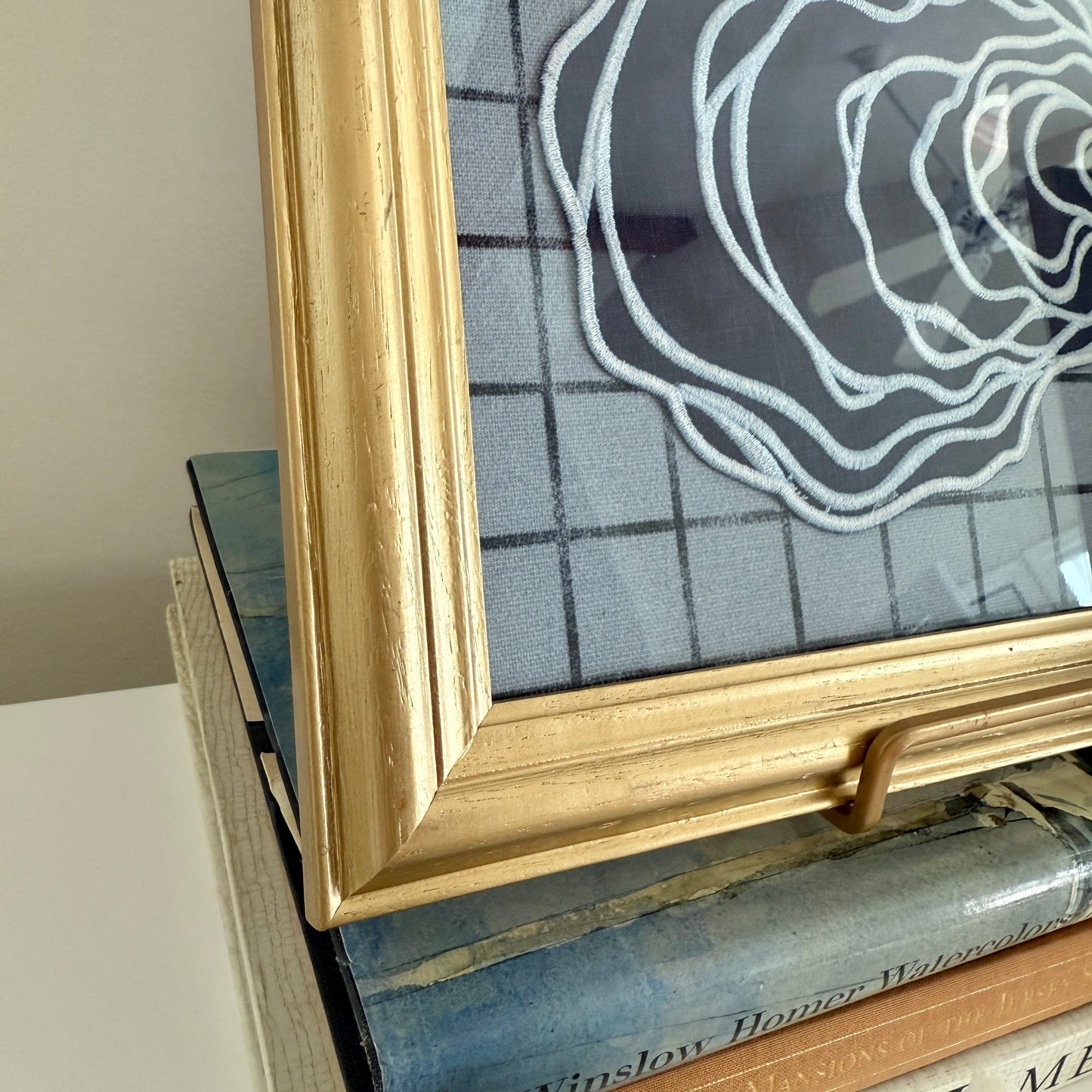 Navy Blue Linen Oyster on Blue Navy Windowpane Fabric in Vintage Gold Frame