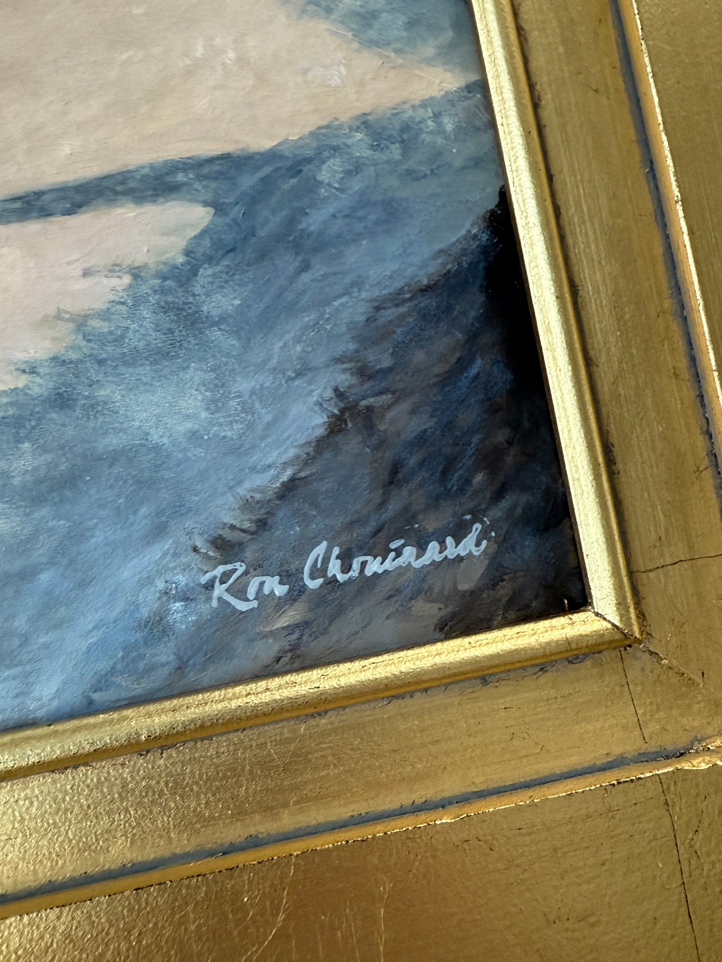 Ron Chouinard Coastal Dog Walkers Nauset Beach on Cape Cod Oil Painting in Gold Frame