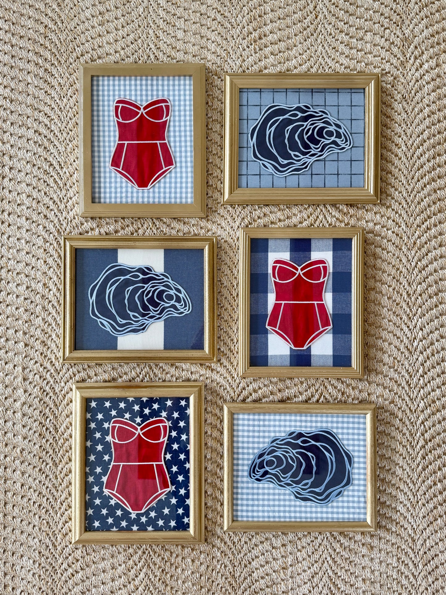 Red Linen Bathing on Light Blue Gingham in Vintage Gold Frame