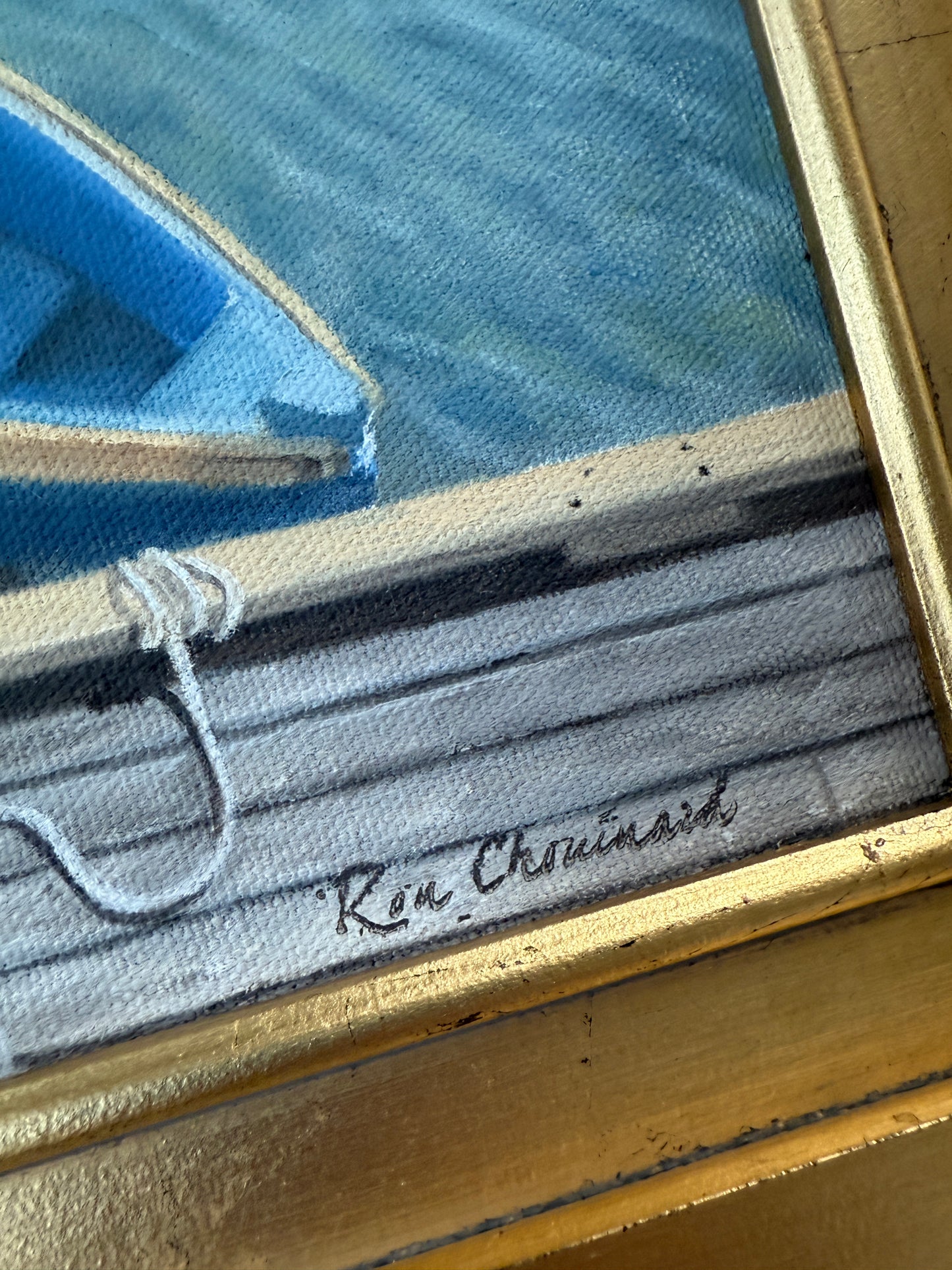 Ron Chouinard Family of Boats in Rockport Harbor MA Oil Painting in Gold Frame