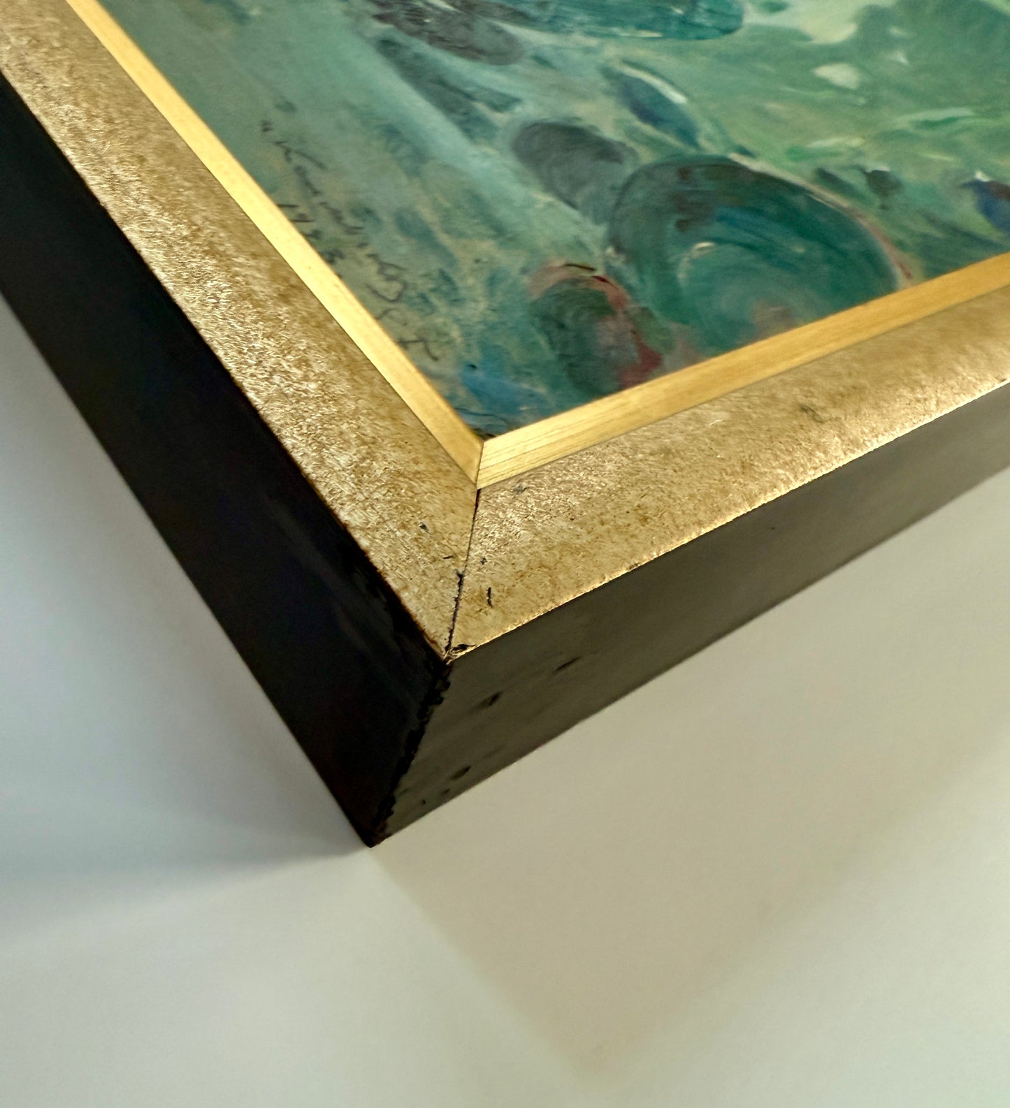 1923 Impressionist Women in Landscape / Under Seascape Oil painting in Black Gold Frame