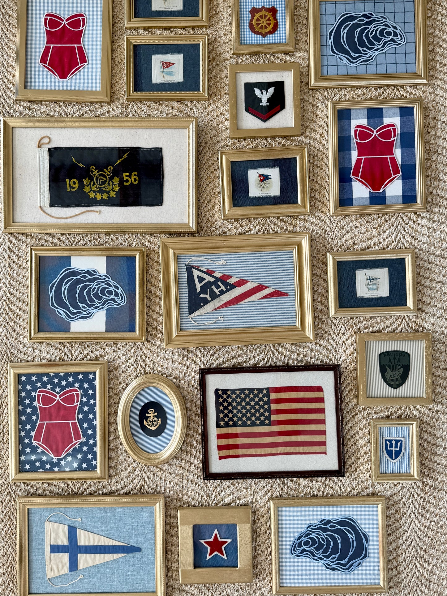 Set of 4 Antique Yacht Boating Club Silks on Navy Linen in Gold Frames (Set H)