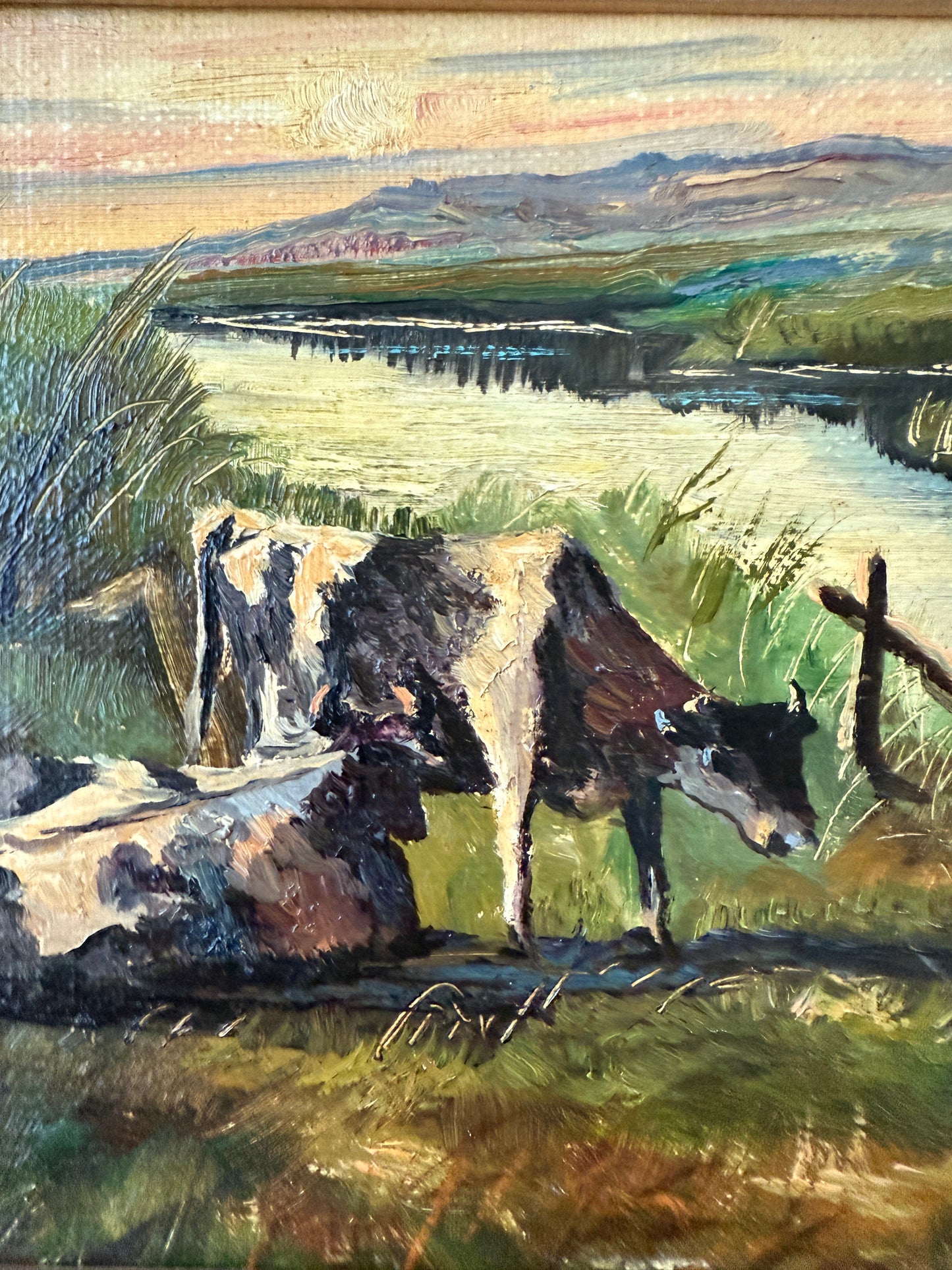 Vintage Cows at the Stream Scene Oil Painting in Gold Frame