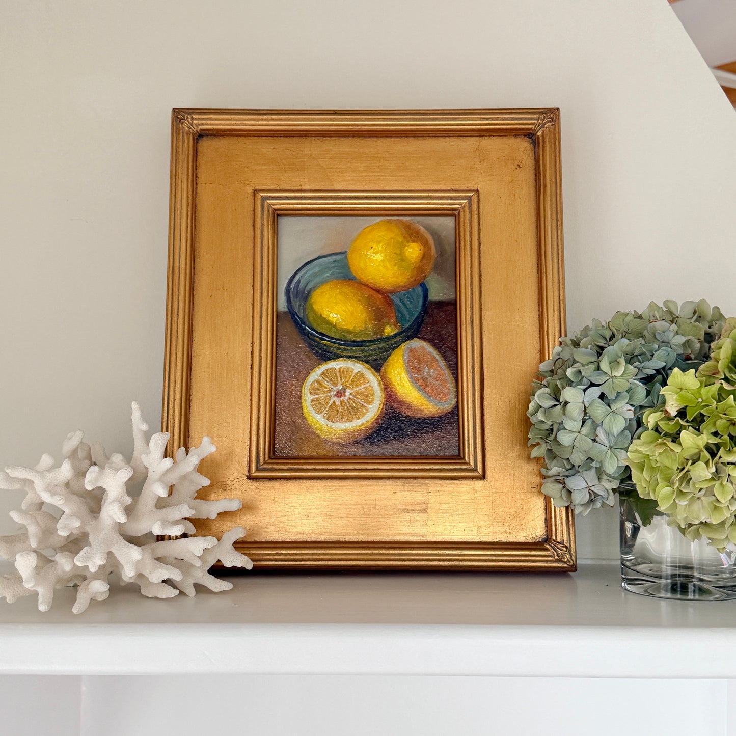 Lemons in Blue Glass Bowl Still Life Oil Painting in Gold Frame