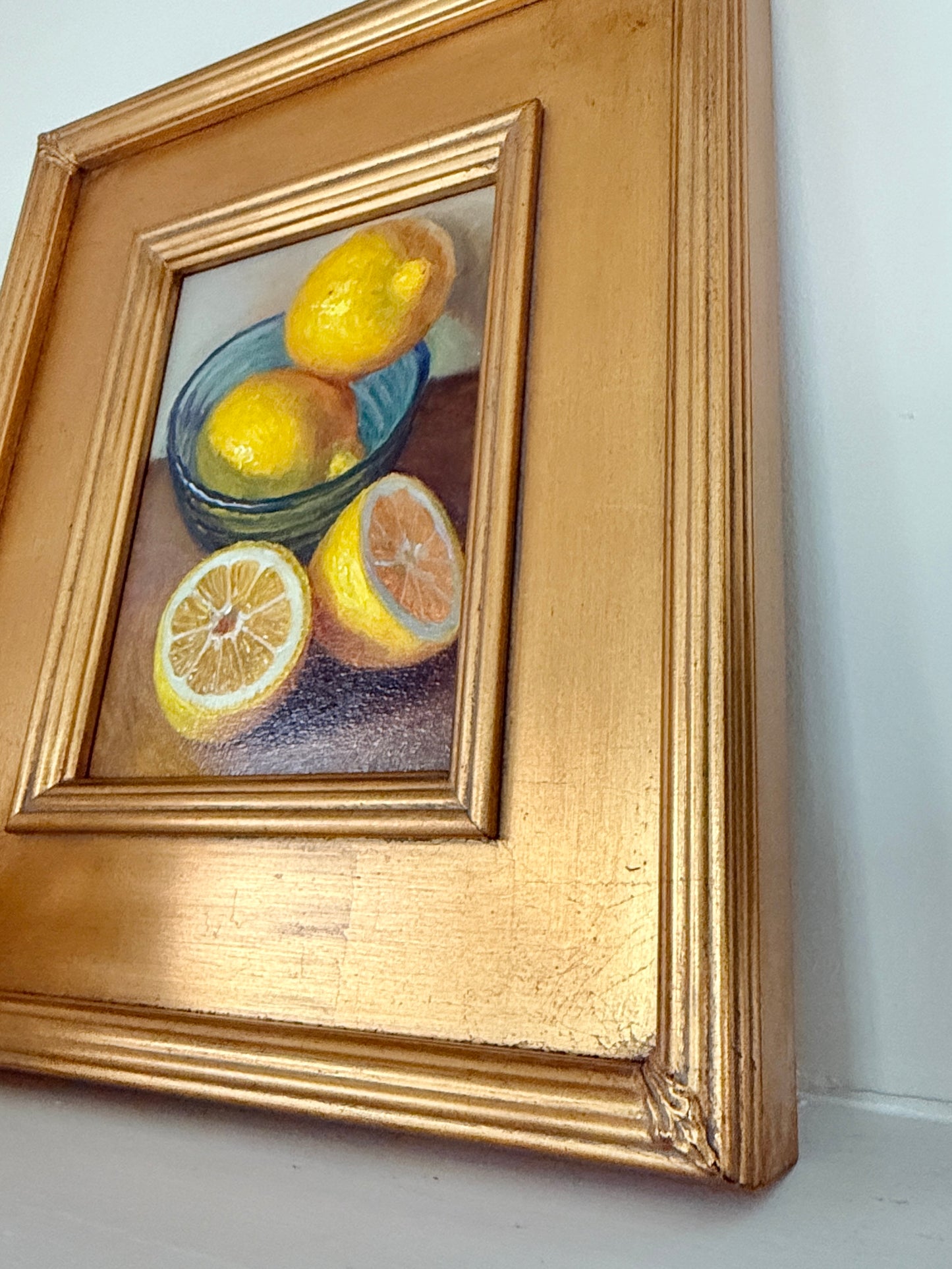 Lemons in Blue Glass Bowl Still Life Oil Painting in Gold Frame