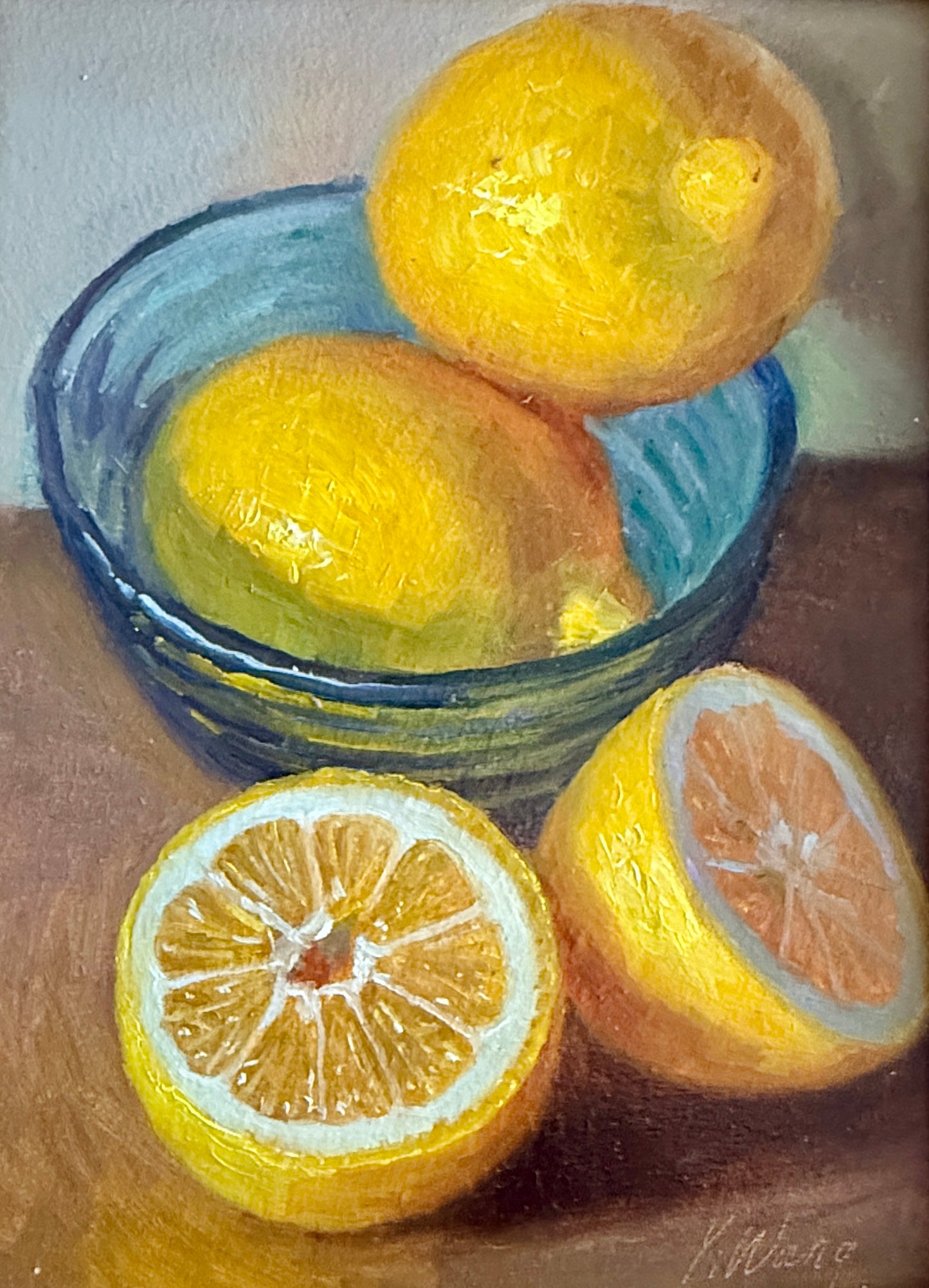 Lemons in Blue Glass Bowl Still Life Oil Painting in Gold Frame