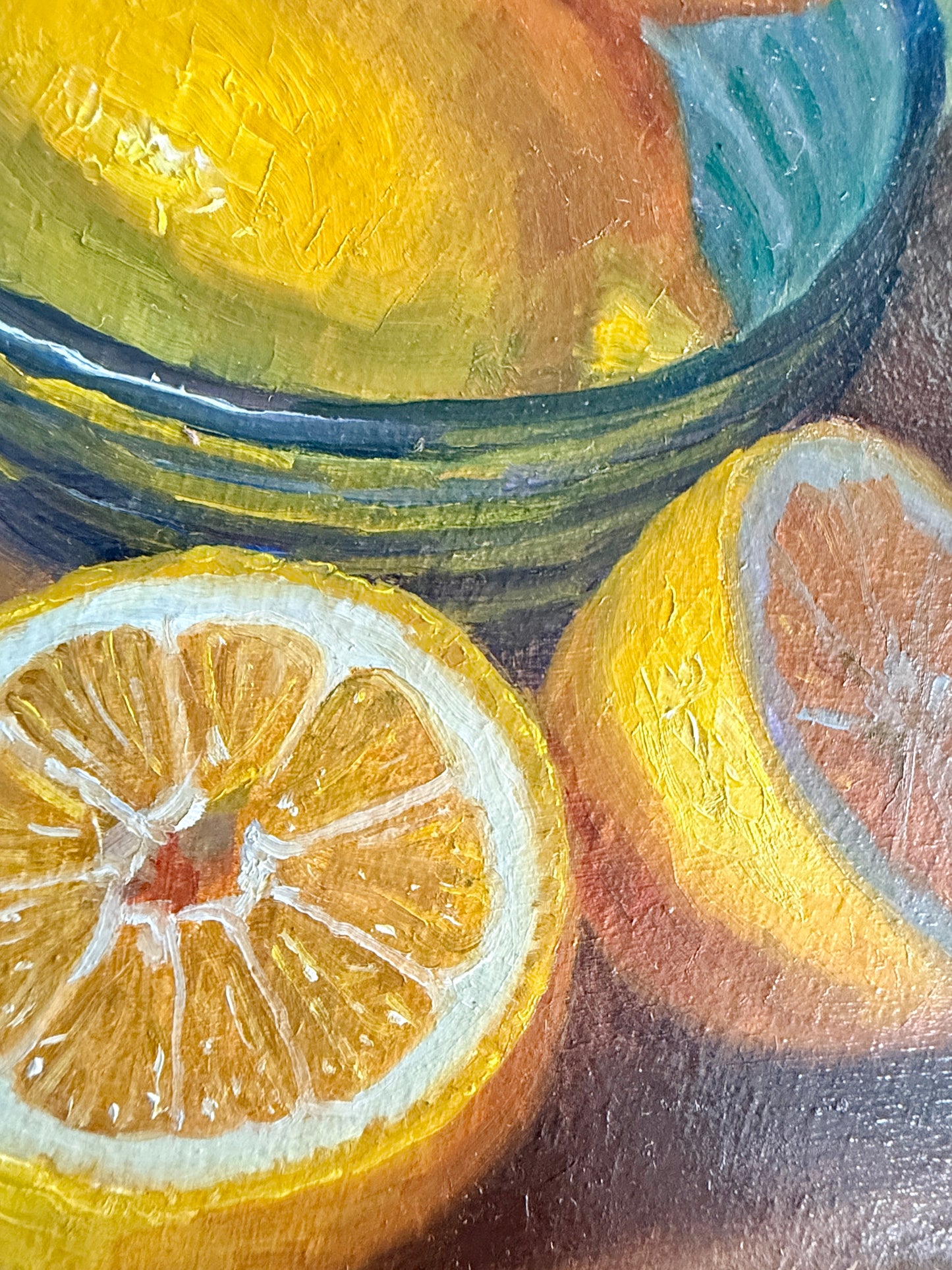 Lemons in Blue Glass Bowl Still Life Oil Painting in Gold Frame