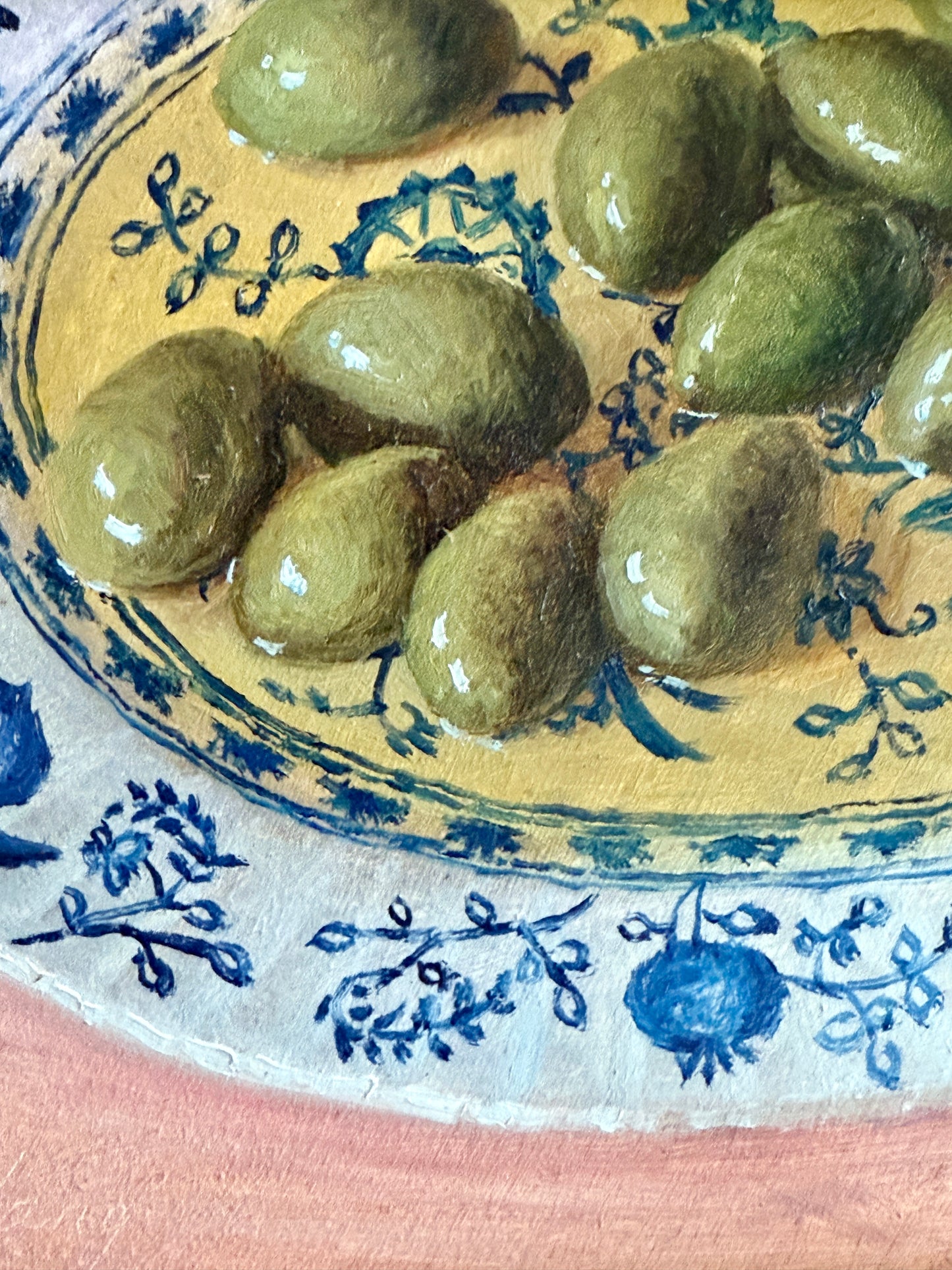Green Olives in Olive Oil Blue White Bowl on Pink Still Life Oil Painting in Gold Frame