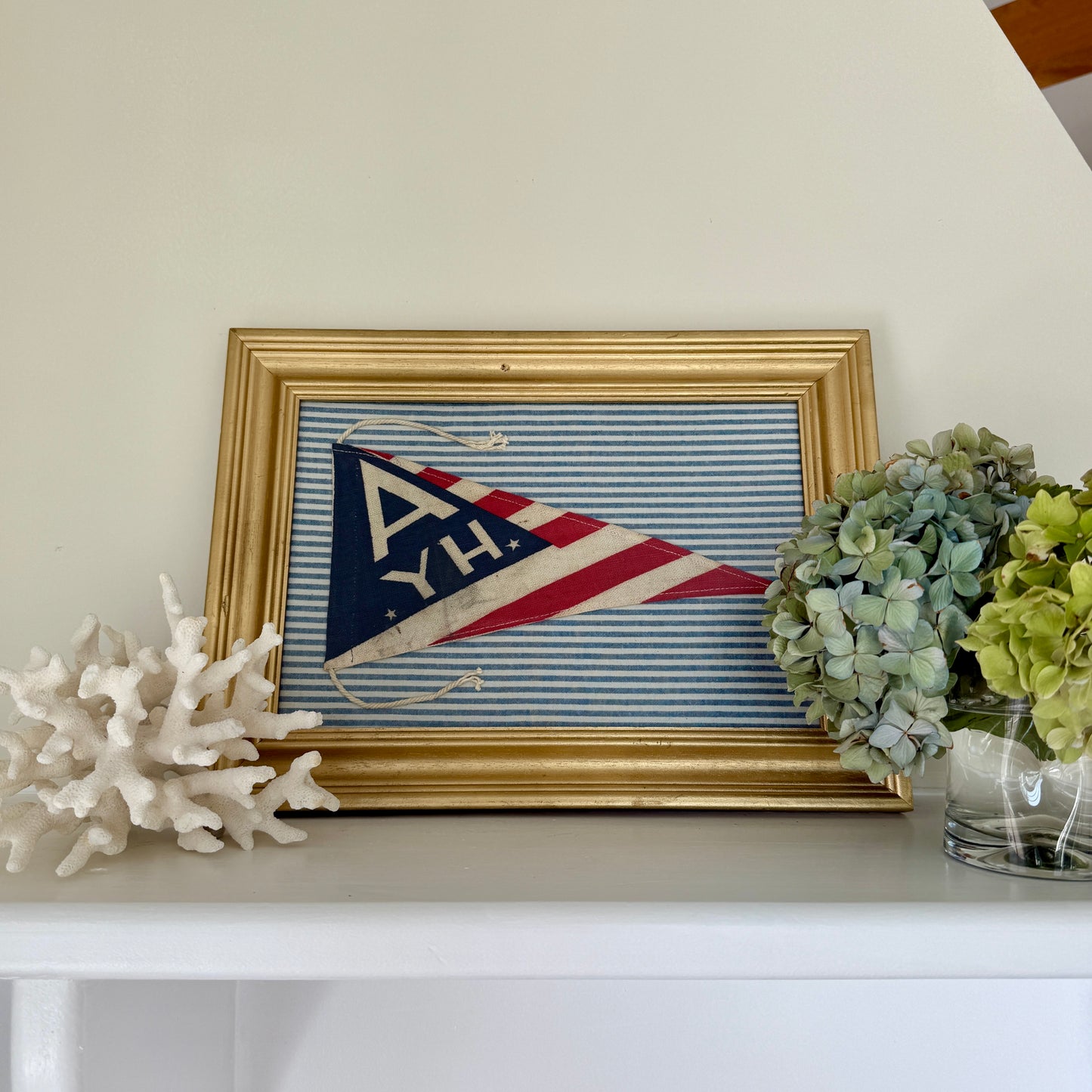 Vintage Red White Blue Striped Yachting Burgee Nautical Flag on Blue Ticking Stripes in Gold Frame