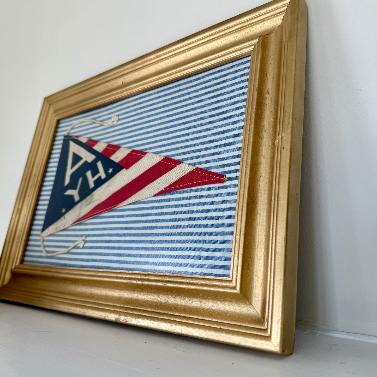 Vintage Red White Blue Striped Yachting Burgee Nautical Flag on Blue Ticking Stripes in Gold Frame