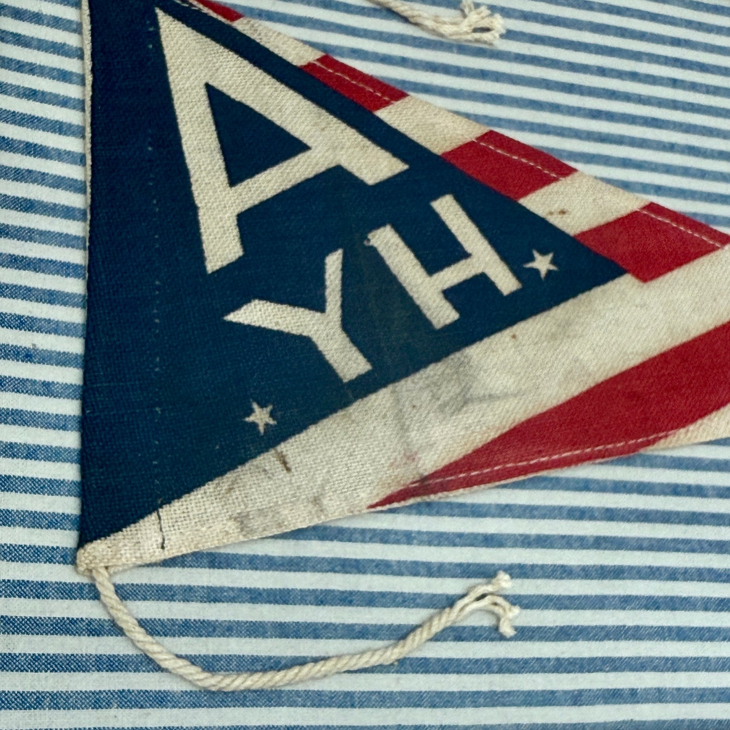Vintage Red White Blue Striped Yachting Burgee Nautical Flag on Blue Ticking Stripes in Gold Frame