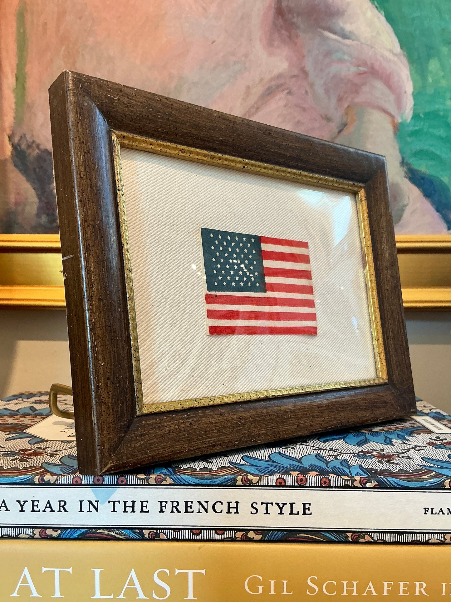 Vintage 50 Star American Parade Flag on Sail Cloth in Wood and Gilded Frame