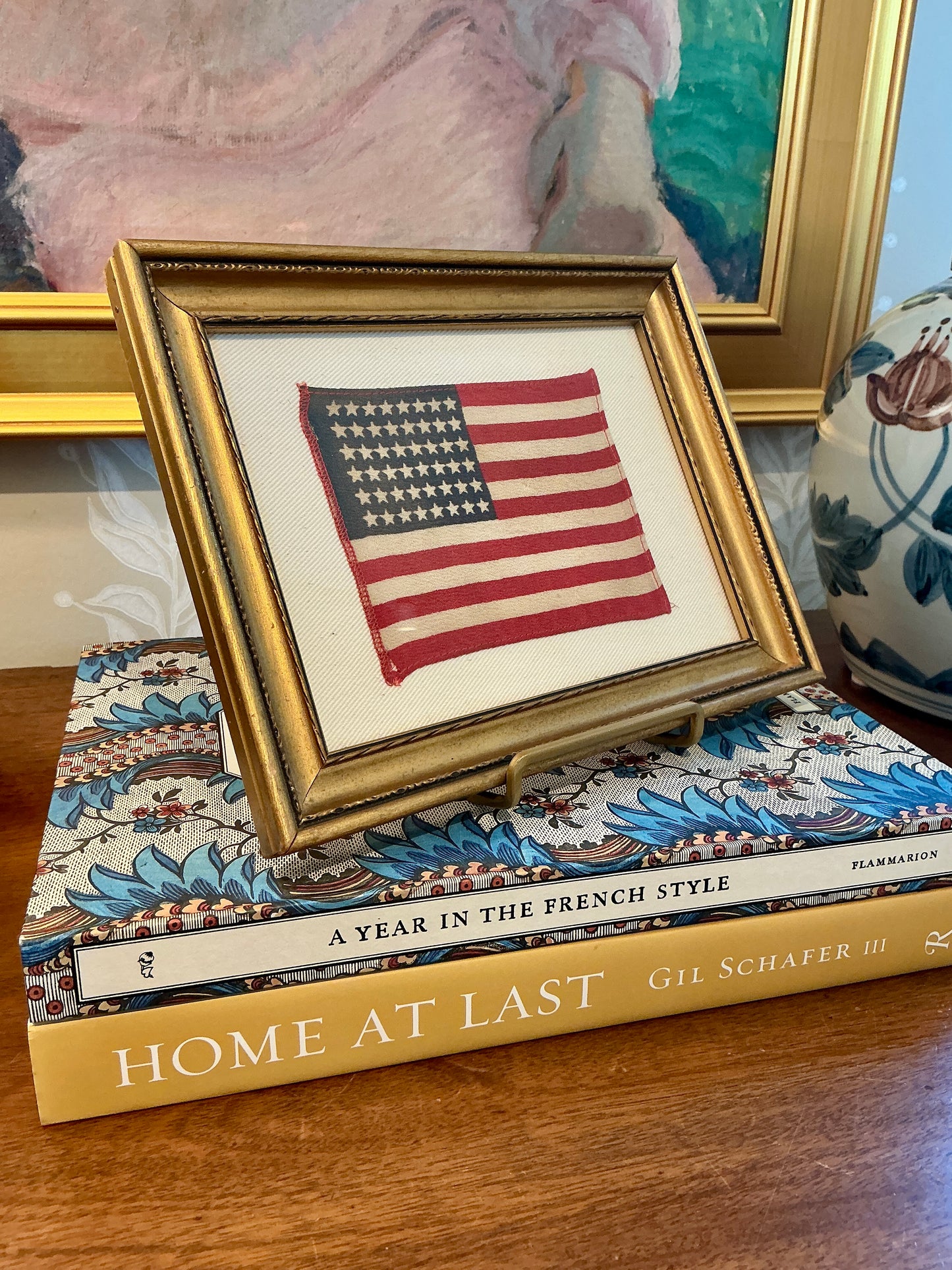 Vintage 48 Star American Flag on Sail Cloth in Gold Frame