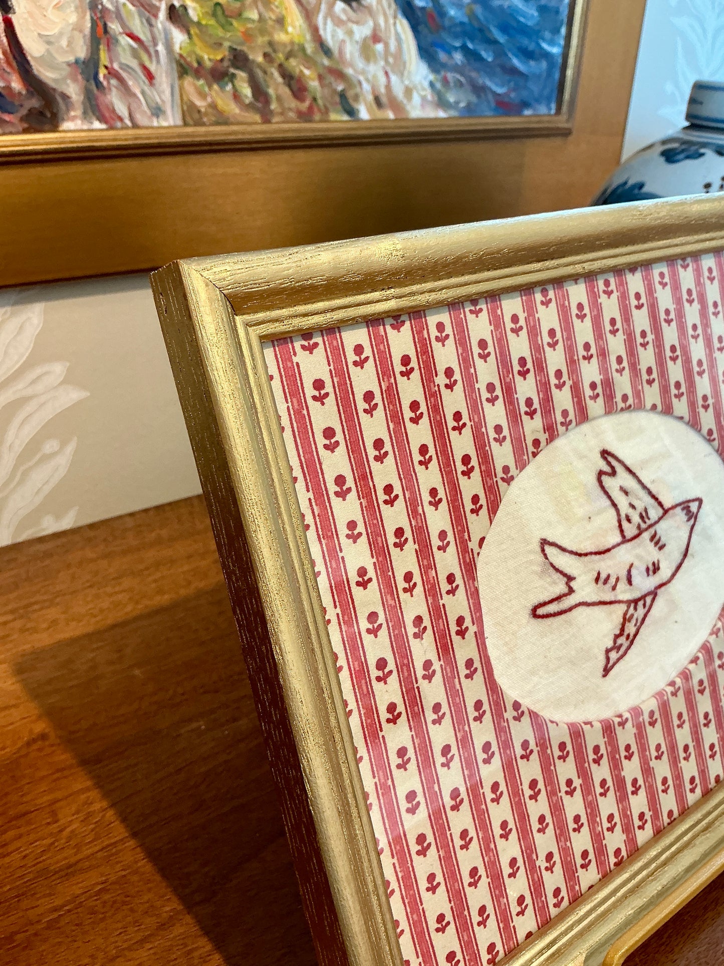 Antique Redwork Bird Embroidery on Pink Floral Brunschwig & Fils in Gold Frame