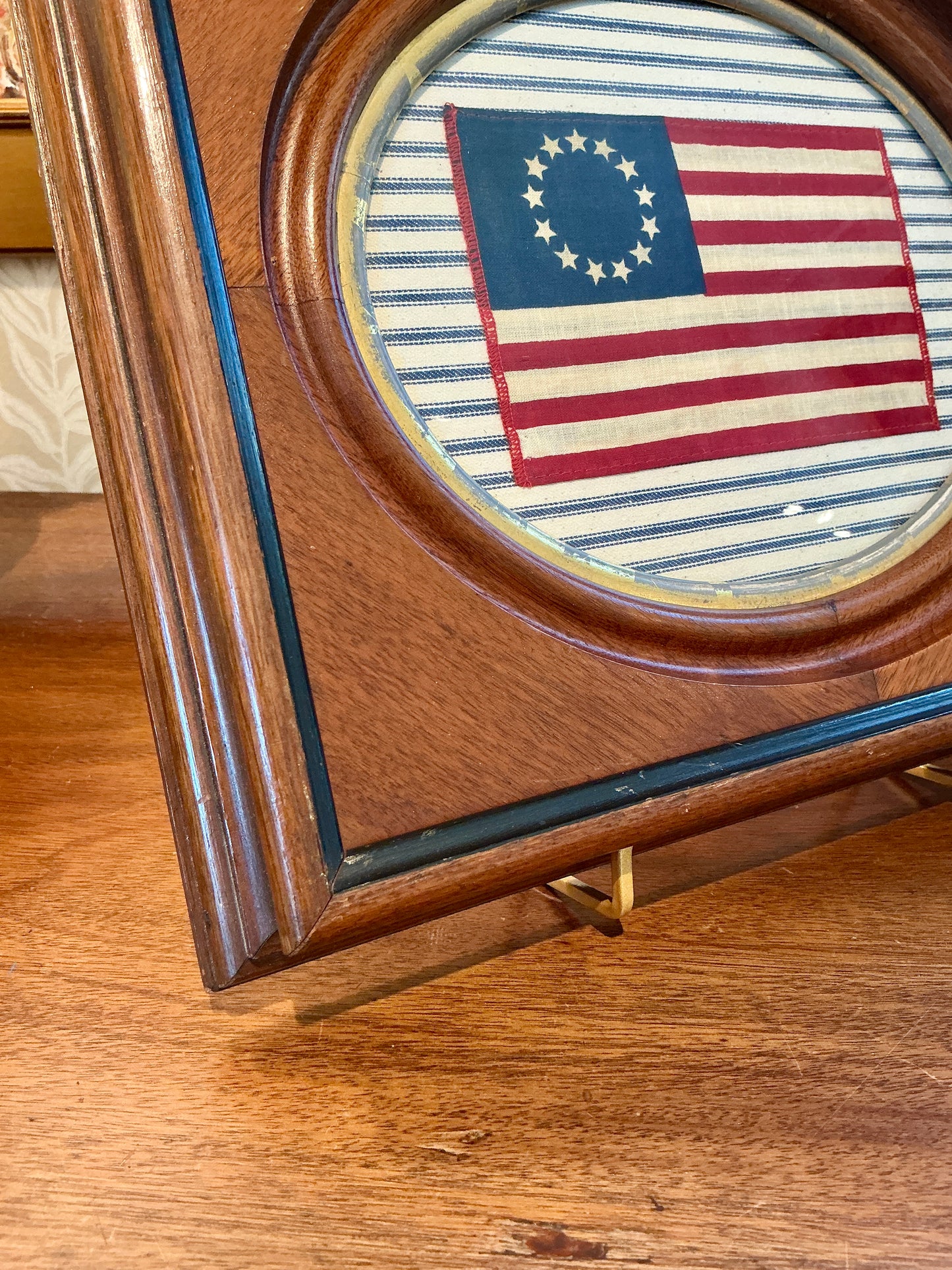 Vintage 13 Star American Betsy Ross Parade Flag on Blue Ticking Stripes in Antique Wood and Gilded Frame