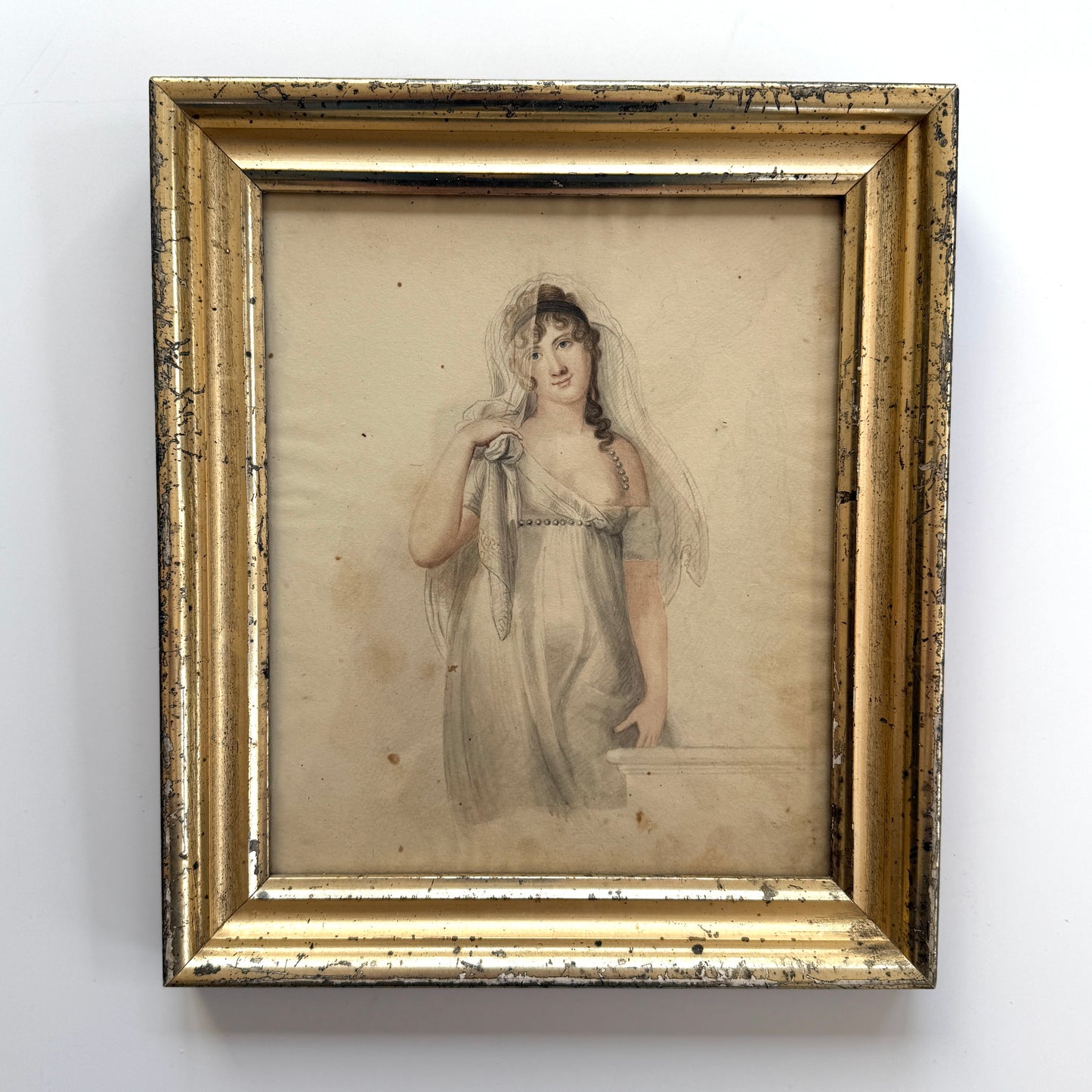1827 J.H. Hall American Female Goddess Partial Nude Watercolor Painting Portrait in Lemon Gilt Frame
