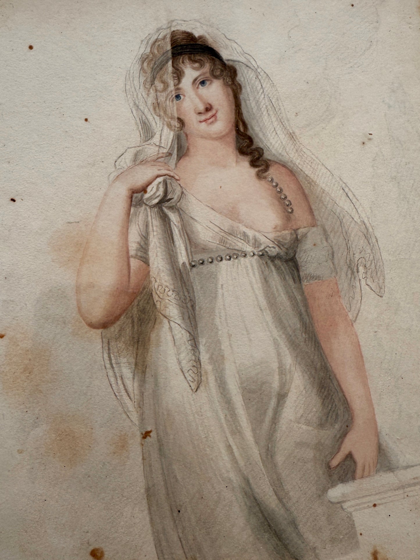 1827 J.H. Hall American Female Goddess Partial Nude Watercolor Painting Portrait in Lemon Gilt Frame