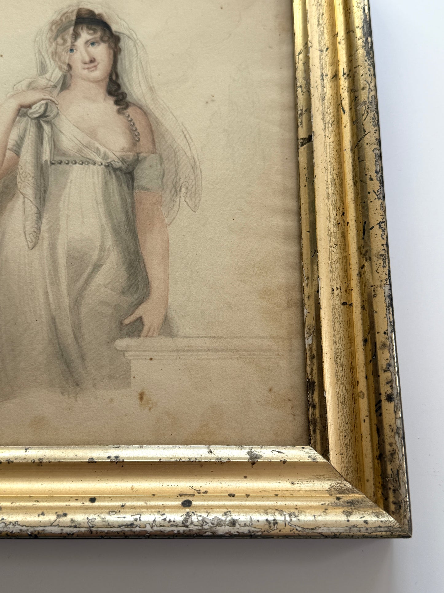 1827 J.H. Hall American Female Goddess Partial Nude Watercolor Painting Portrait in Lemon Gilt Frame