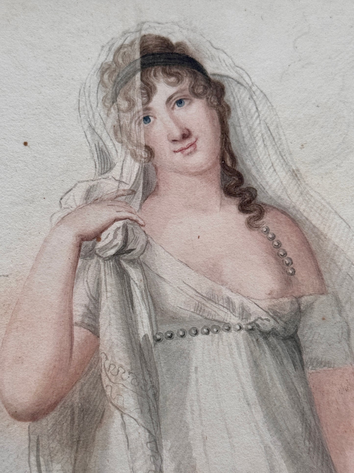 1827 J.H. Hall American Female Goddess Partial Nude Watercolor Painting Portrait in Lemon Gilt Frame