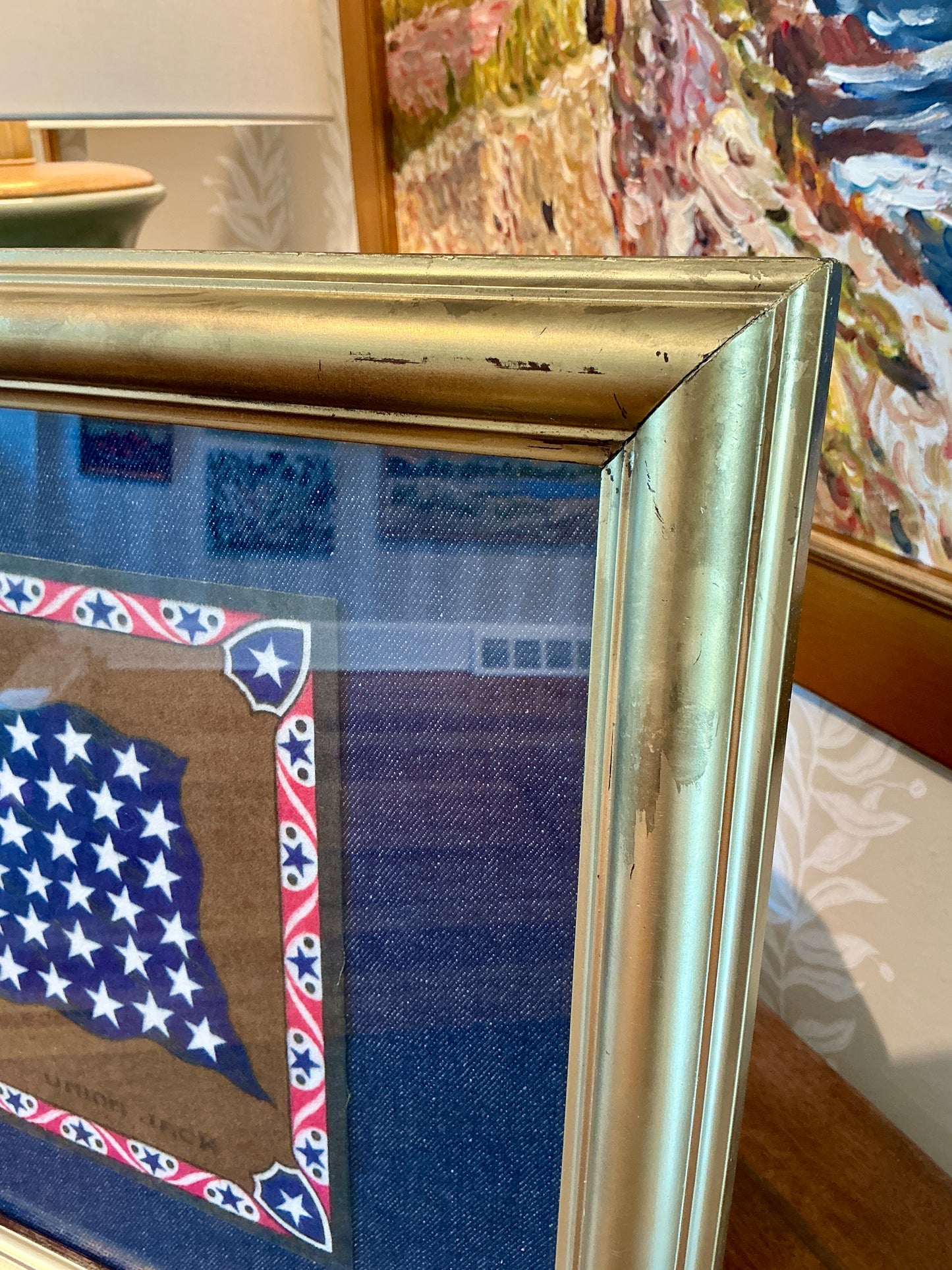 Antique Union Jack Felt on Dark Chambray in Gold Frame