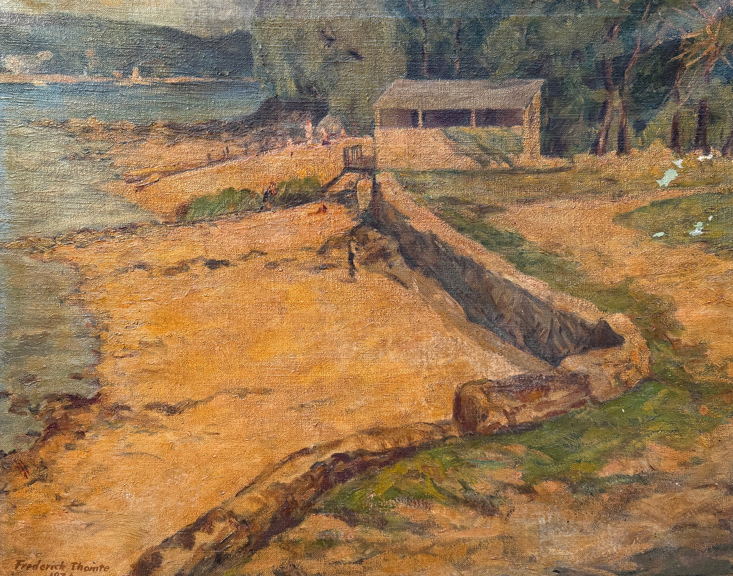 1934 Frederick Thomte American Summer Camp Lake Scene Oil Painting in Rope Carved Frame