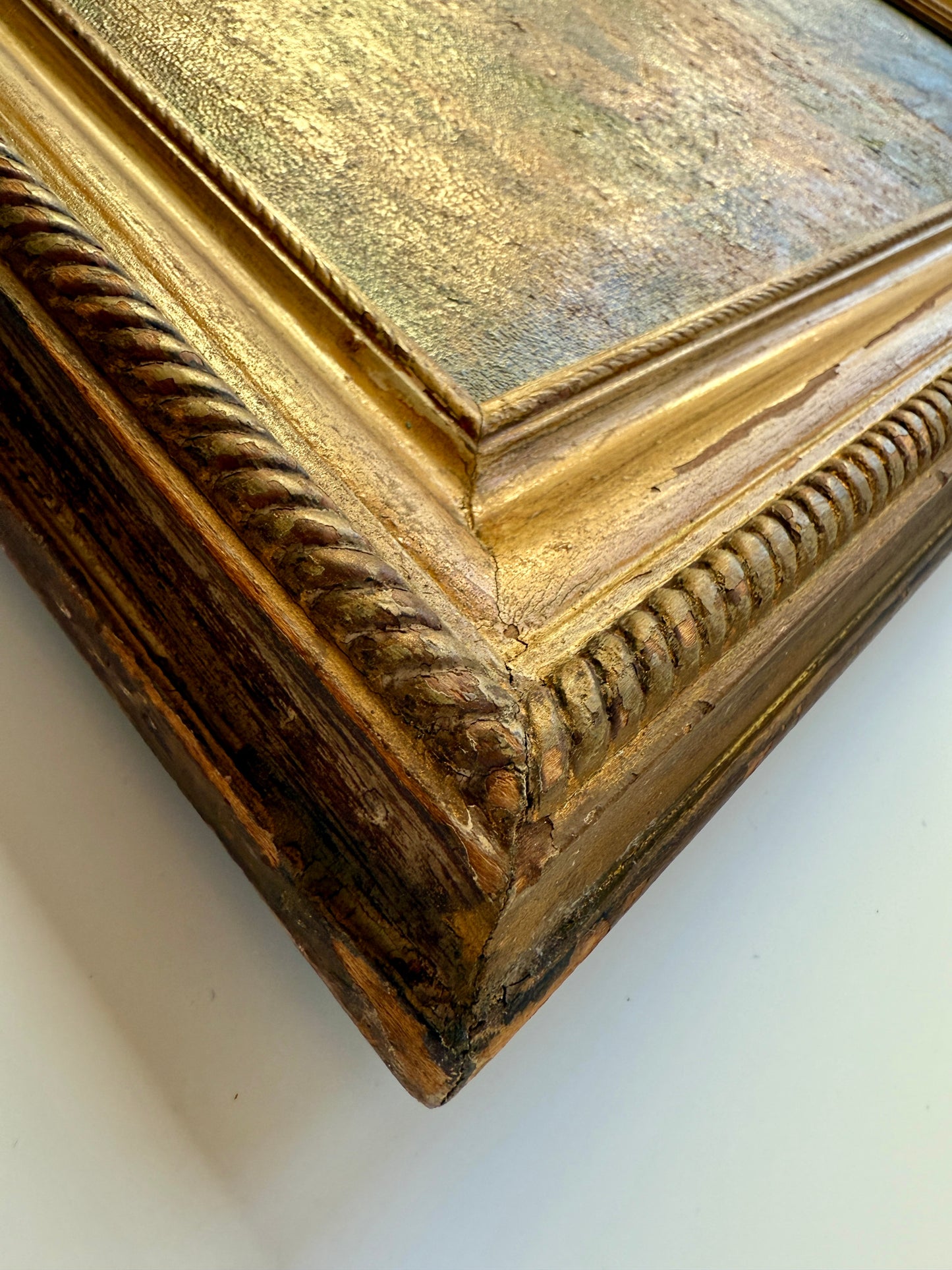 1934 Frederick Thomte American Summer Camp Lake Scene Oil Painting in Rope Carved Frame