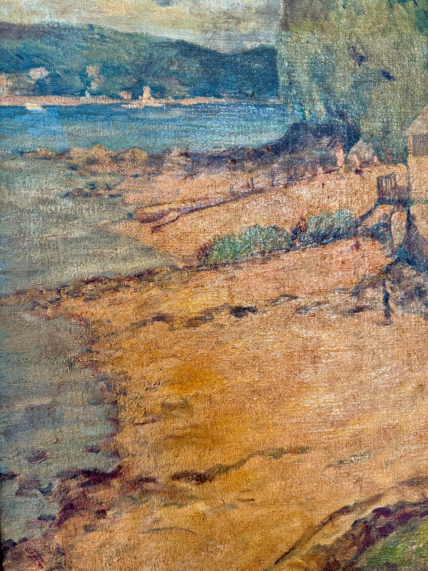 1934 Frederick Thomte American Summer Camp Lake Scene Oil Painting in Rope Carved Frame