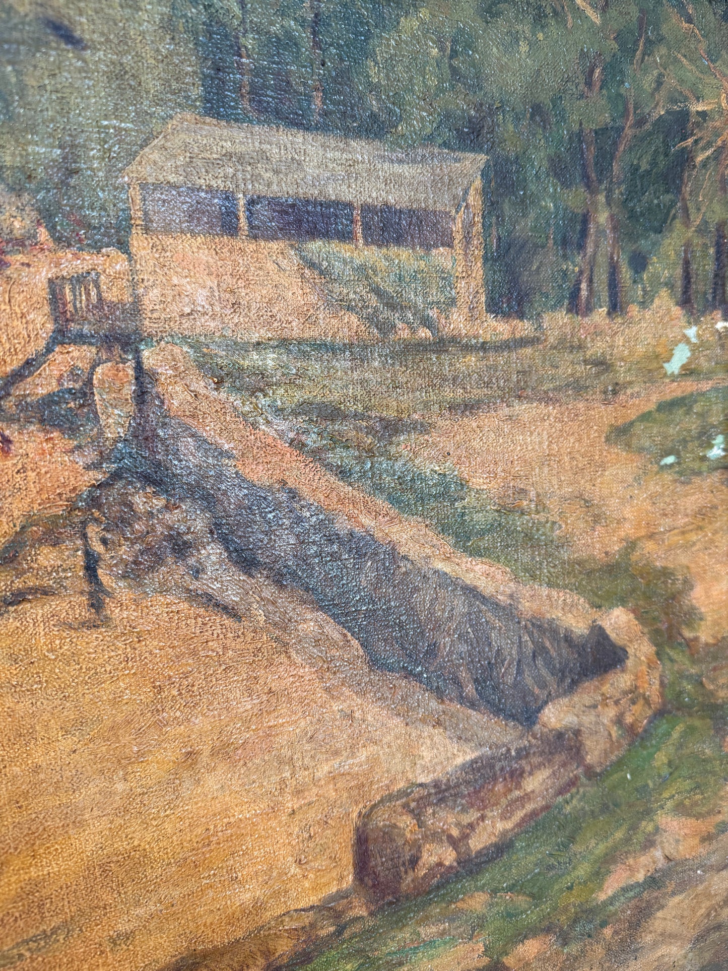 1934 Frederick Thomte American Summer Camp Lake Scene Oil Painting in Rope Carved Frame