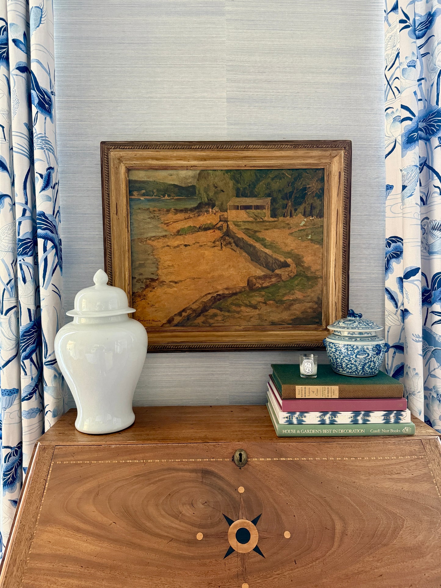 1934 Frederick Thomte American Summer Camp Lake Scene Oil Painting in Rope Carved Frame