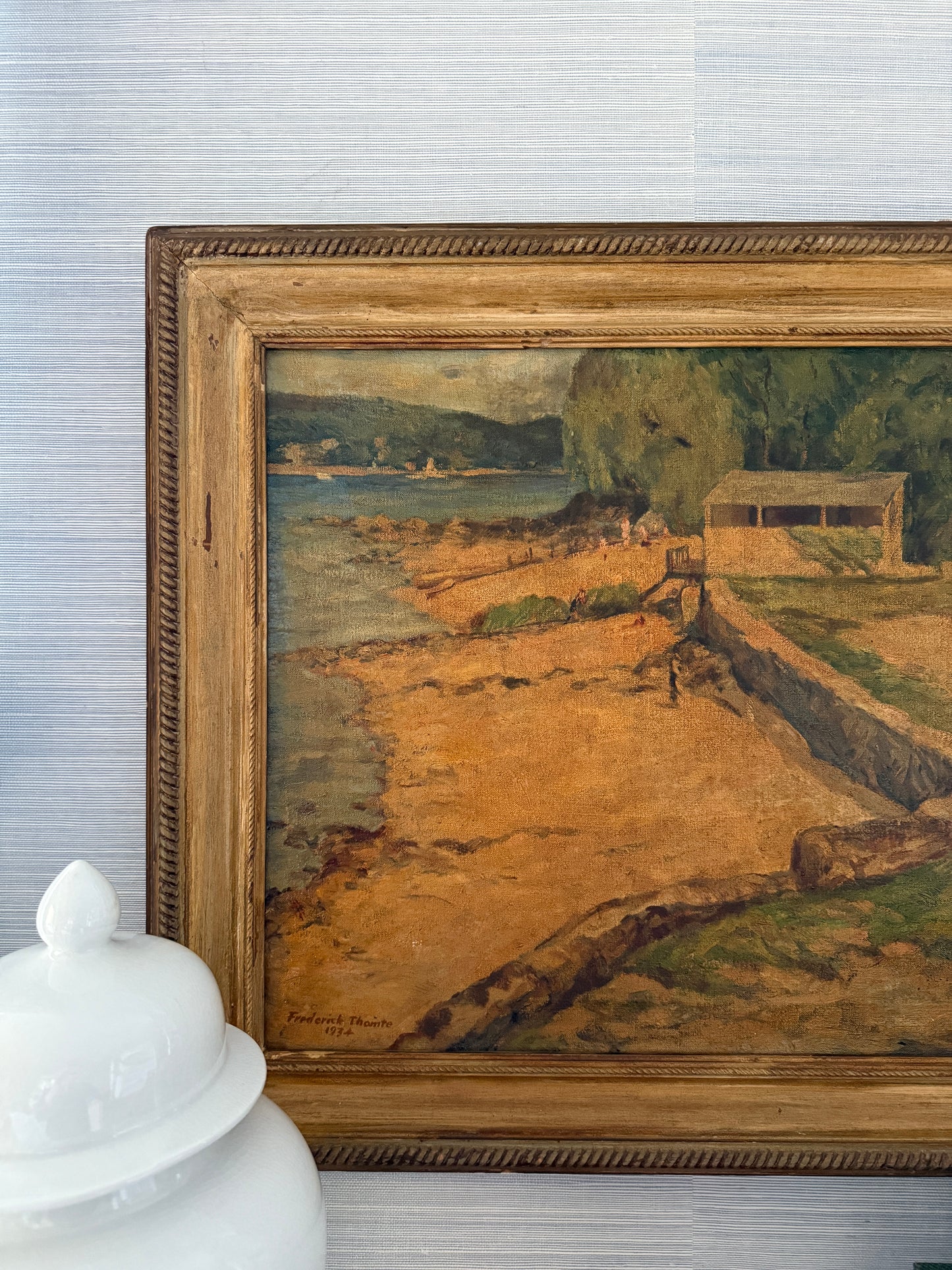 1934 Frederick Thomte American Summer Camp Lake Scene Oil Painting in Rope Carved Frame