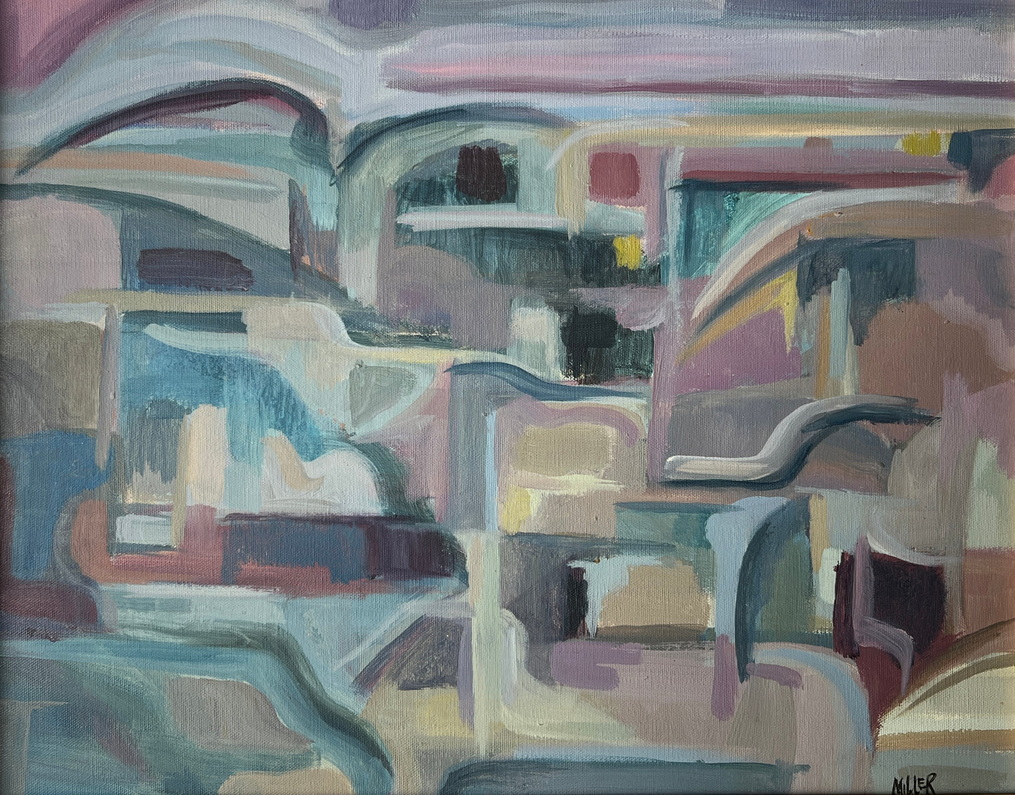 Marlene E. Miller Evening in Monteveglio Abstract Expressionist Landscape Painting in Gold Frame