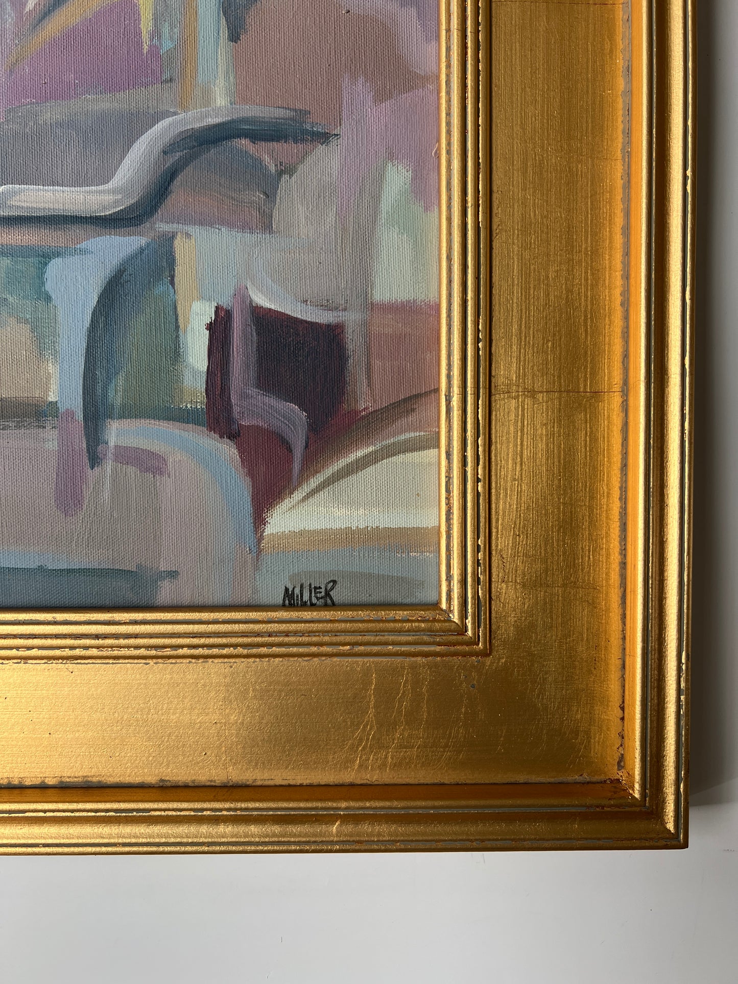 Marlene E. Miller Evening in Monteveglio Abstract Expressionist Landscape Painting in Gold Frame