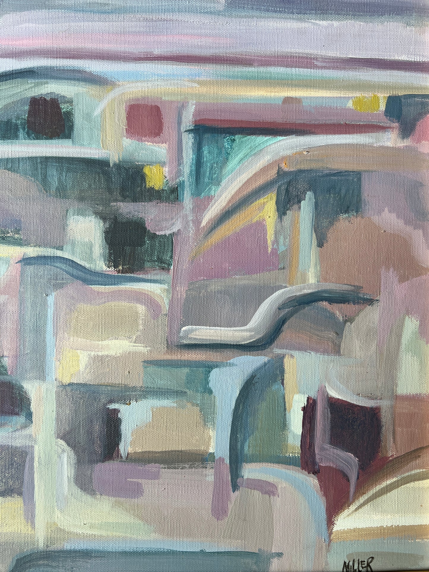 Marlene E. Miller Evening in Monteveglio Abstract Expressionist Landscape Painting in Gold Frame