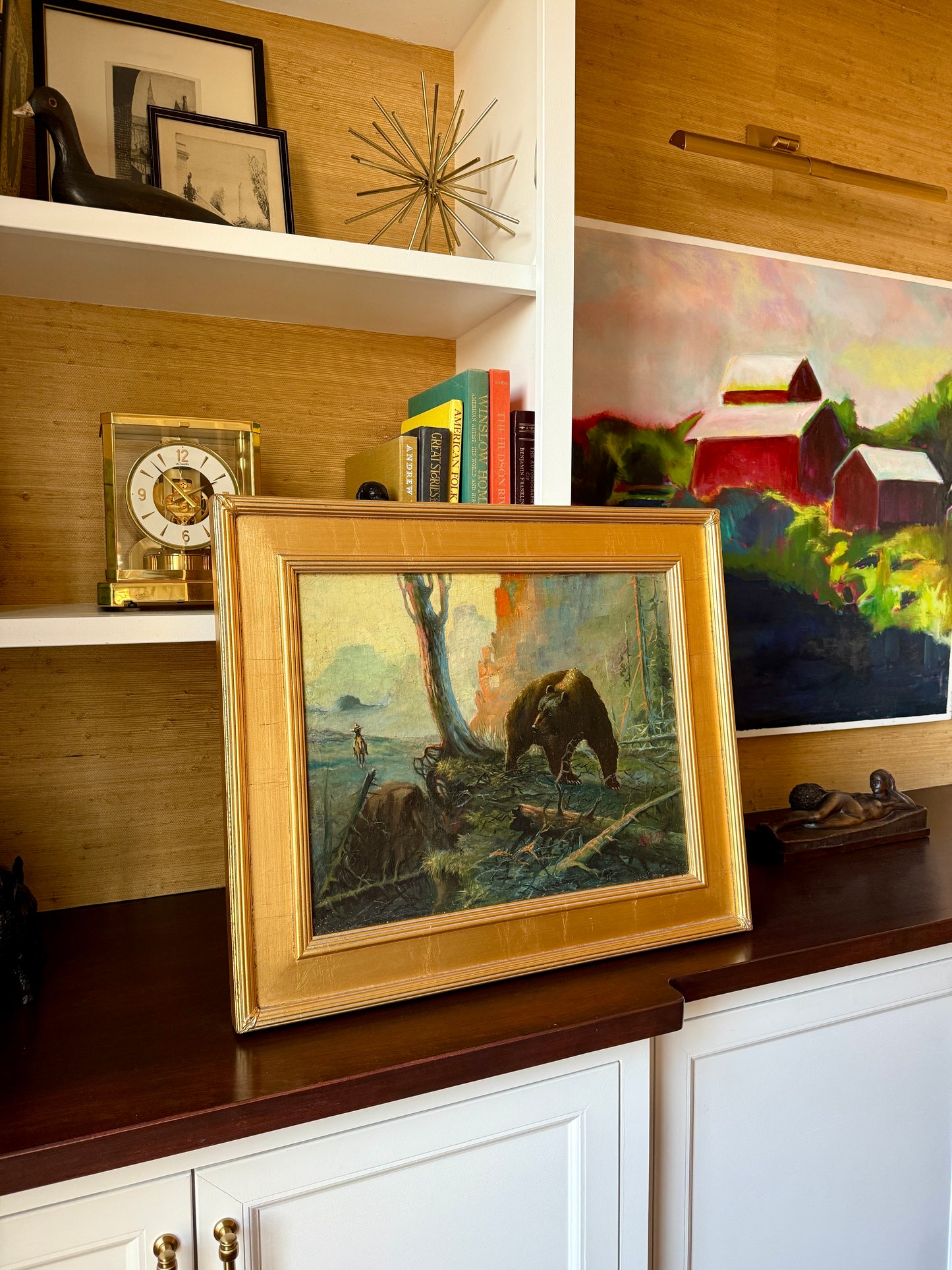 Early 20th c. American West Cowboy v. Bear Oil Painting in Gold Frame
