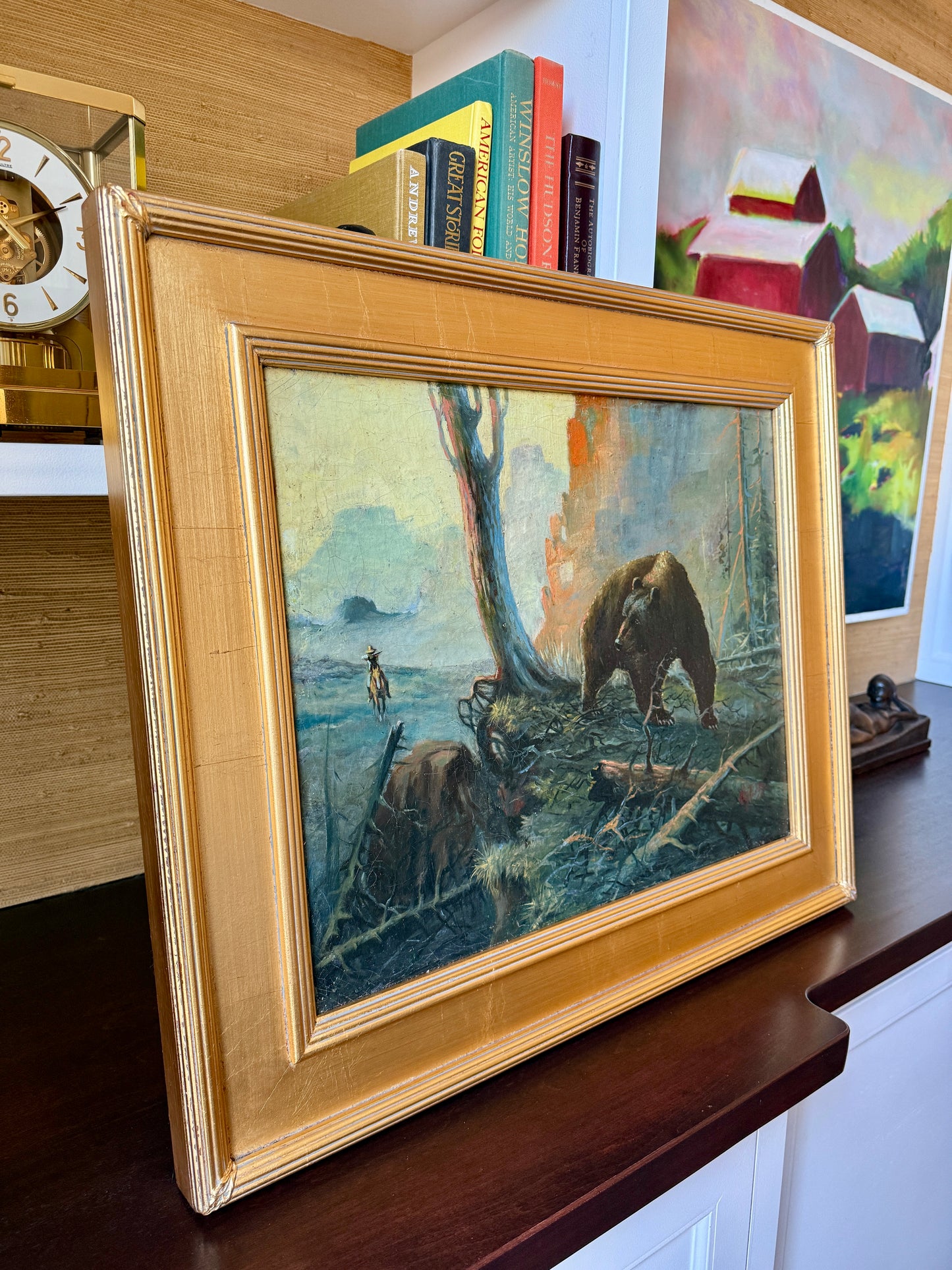 Early 20th c. American West Cowboy v. Bear Oil Painting in Gold Frame