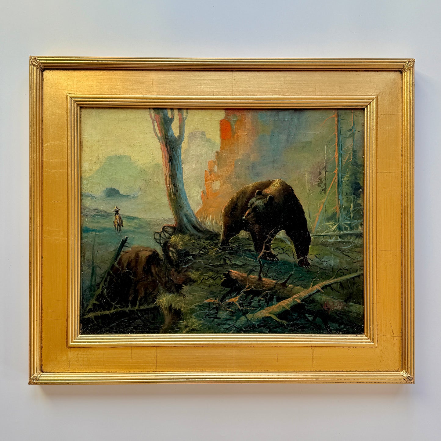 Early 20th c. American West Cowboy v. Bear Oil Painting in Gold Frame
