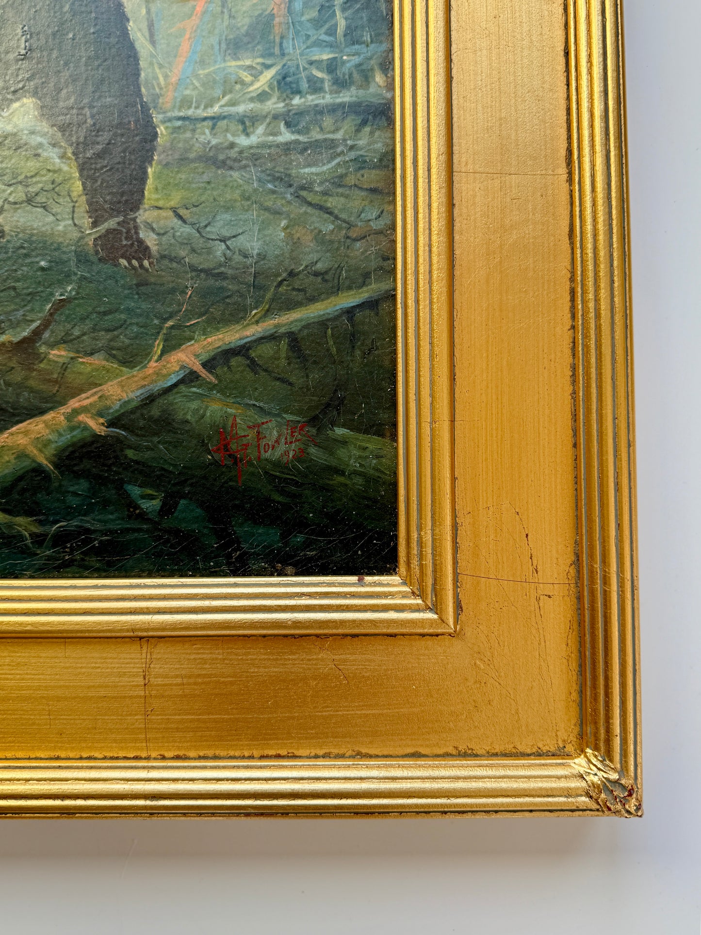 Early 20th c. American West Cowboy v. Bear Oil Painting in Gold Frame