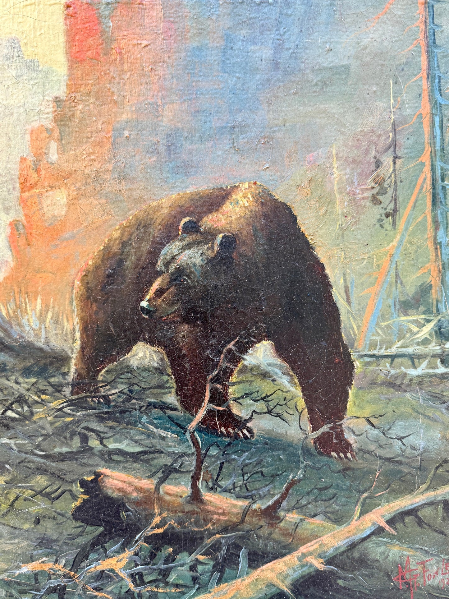 Early 20th c. American West Cowboy v. Bear Oil Painting in Gold Frame