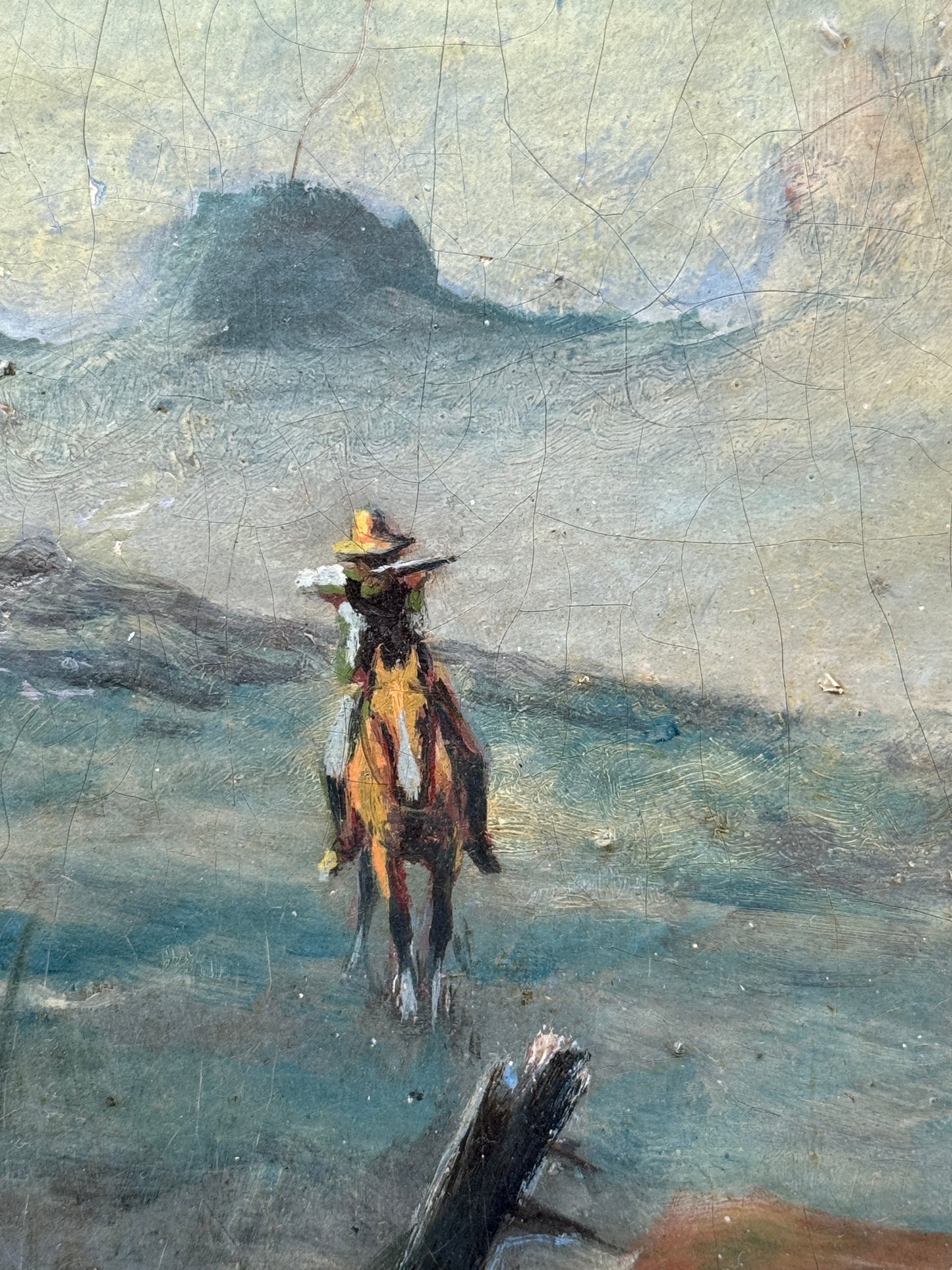 Early 20th c. American West Cowboy v. Bear Oil Painting in Gold Frame
