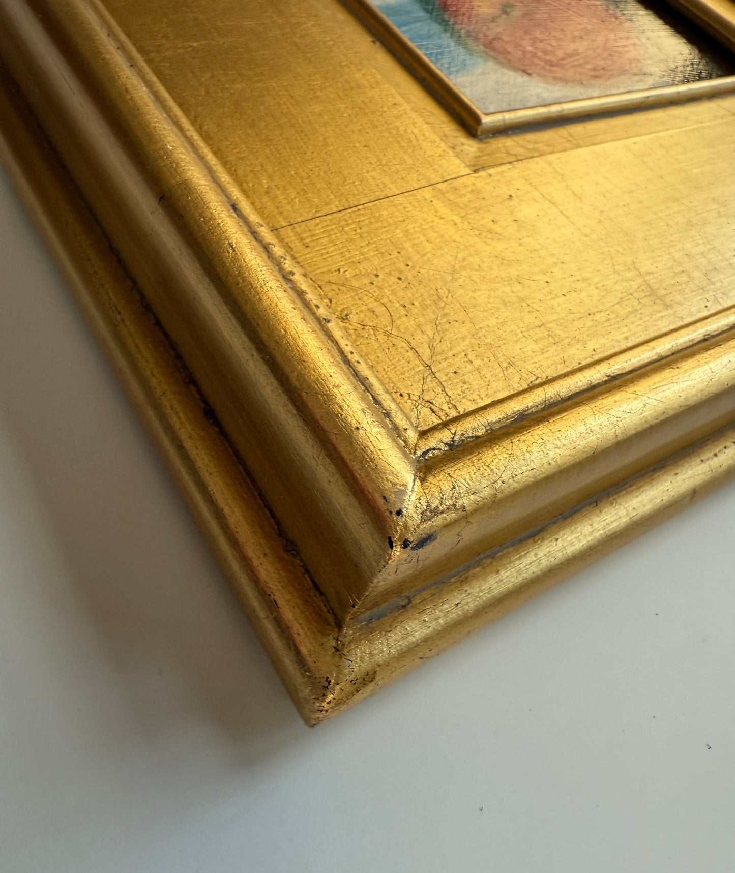 Peaches in Blue and White Towel Still Life Oil Painting in Gold Frame