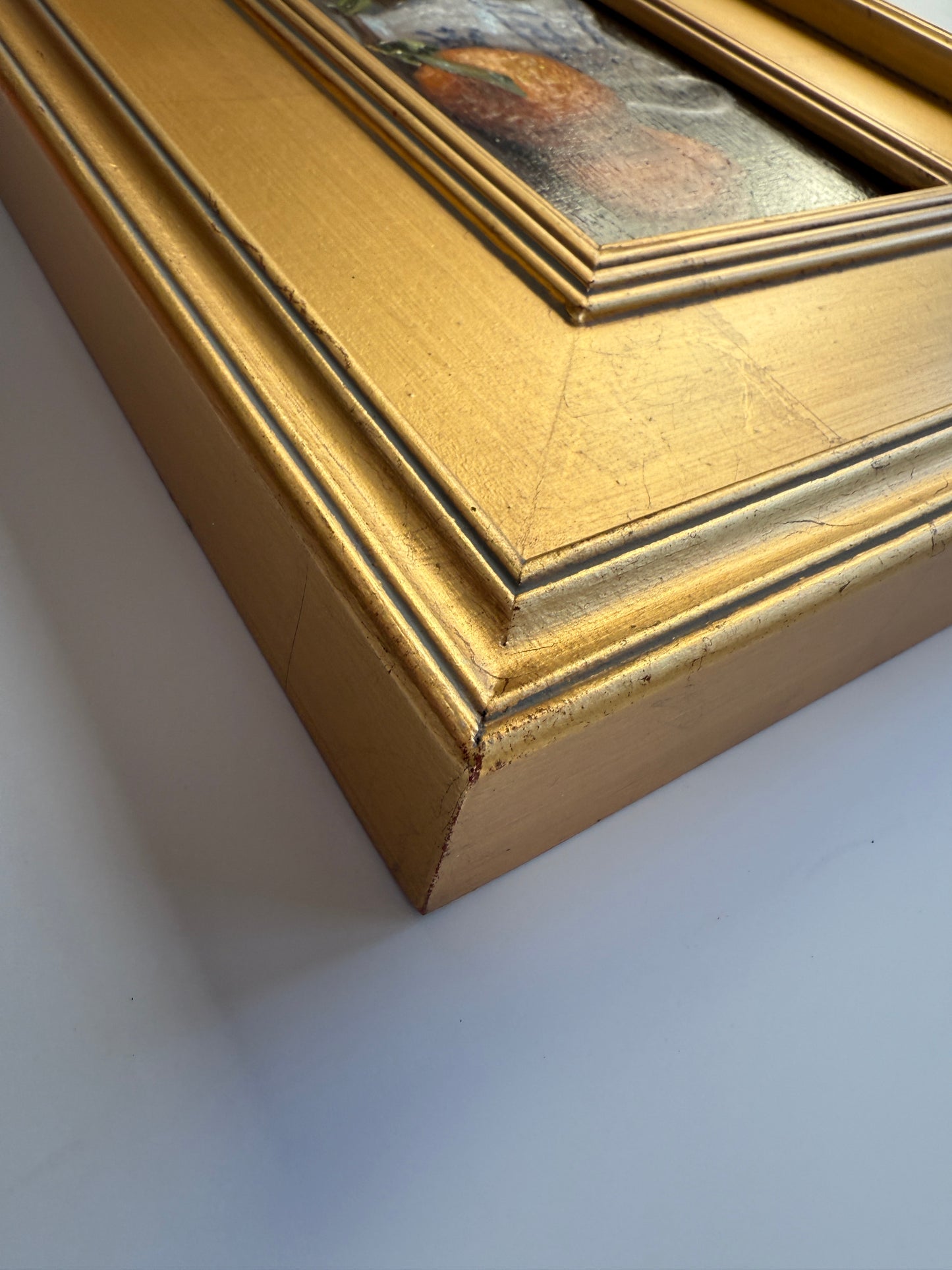 Clementine Oranges and Blue and White China Still Life Oil Painting in Gold Frame