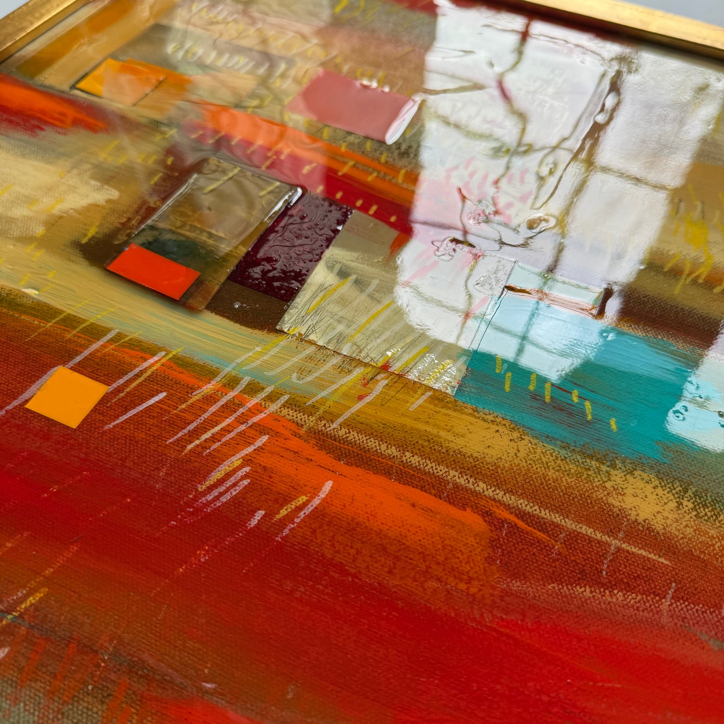 Lori-Ann Bellissimo Montauk in Red Sunset Abstract Landscape Mixed Media in Gold Frame