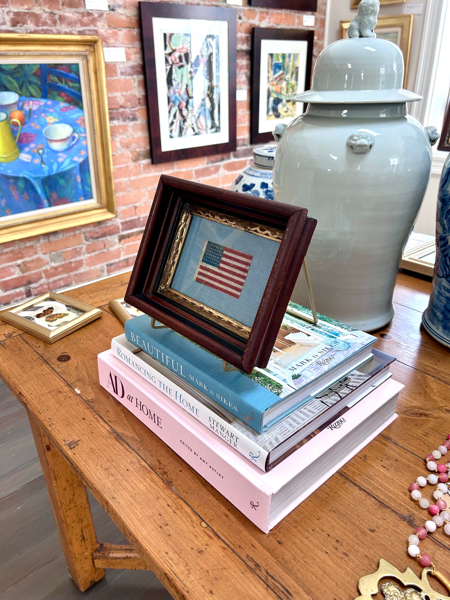 Antique 48 Star Glazed Cotton Parade Flag in 19th Century Deep Walnnut and Gilded Frame