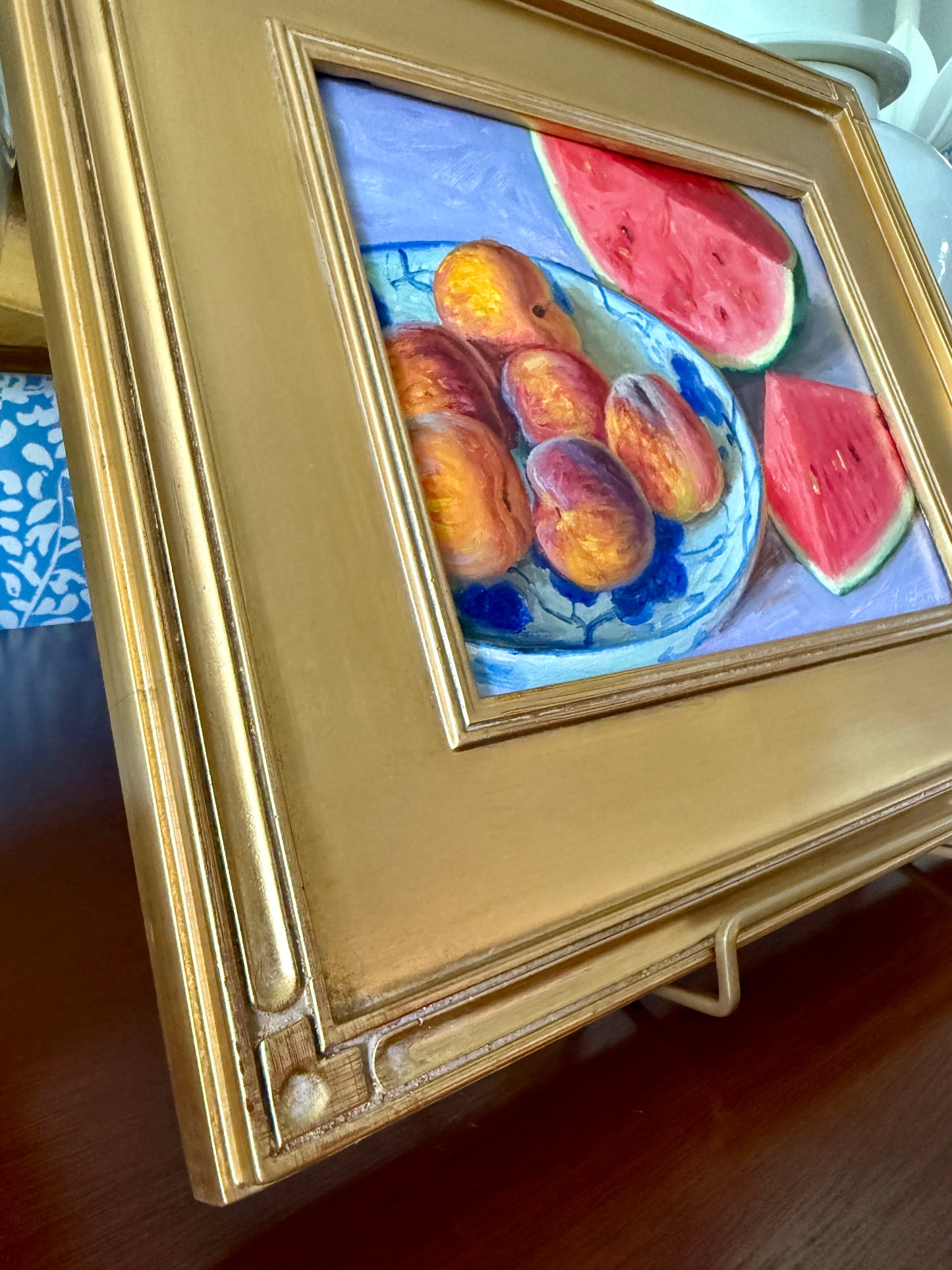 Watermelon and Peaches in Blue and White Bowl on Lavender Oil Painting in Gold Frame